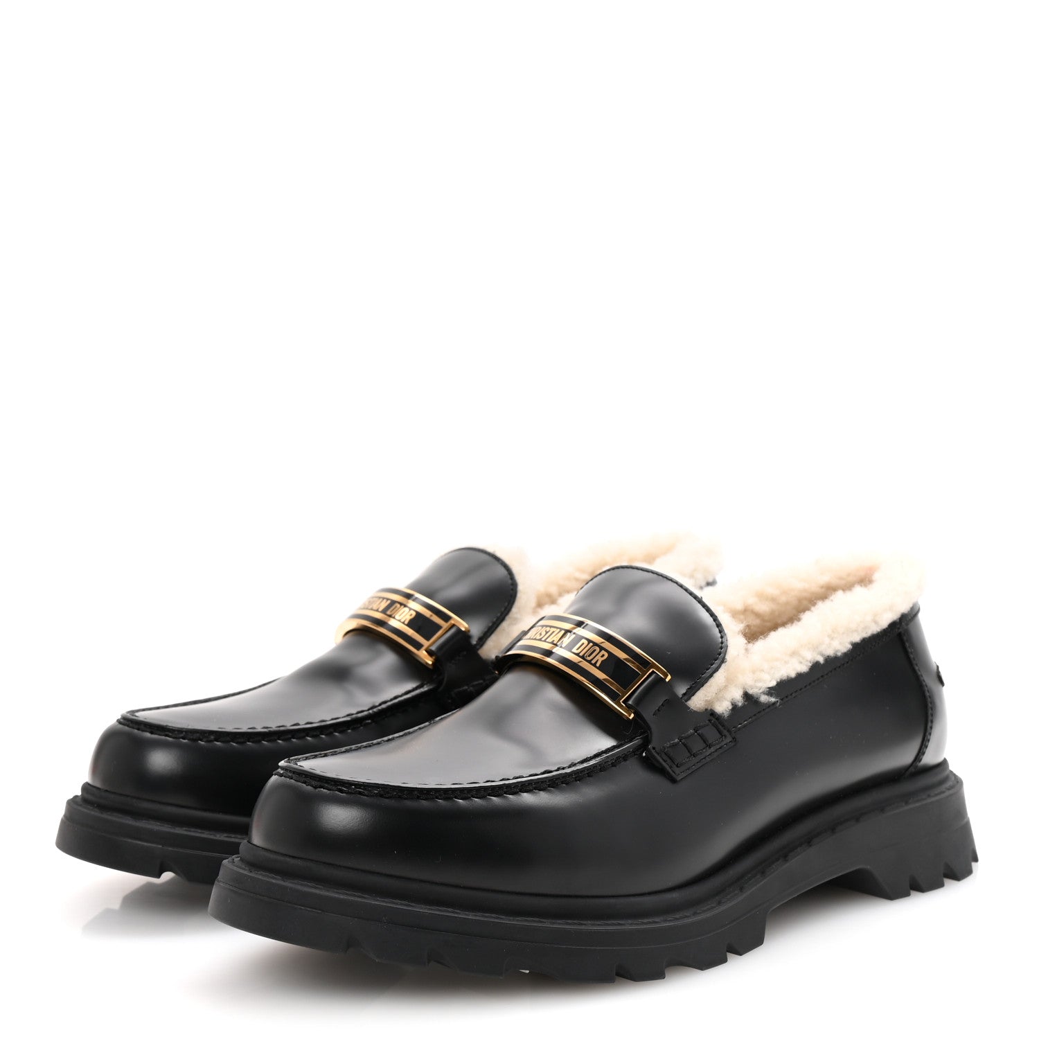 Christian Dior Brushed Calfskin Shearling Dior Code Lug Sole 15mm Loafers 41 Black Natural 4 of 9