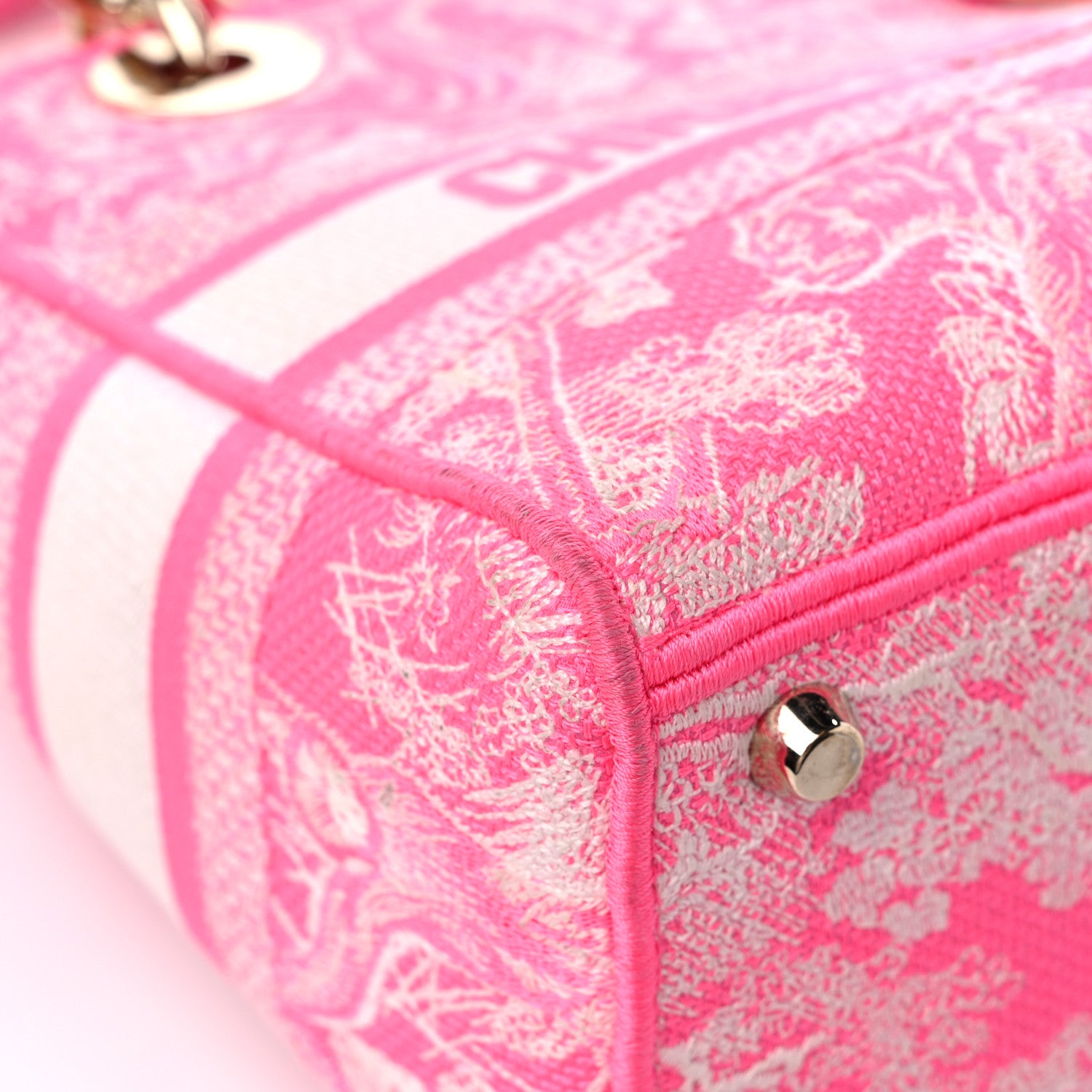 Christian Dior Canvas Toile De Jouy Reverse Embroidered Medium Lady D-Lite Fluorescent Pink 8 of 17