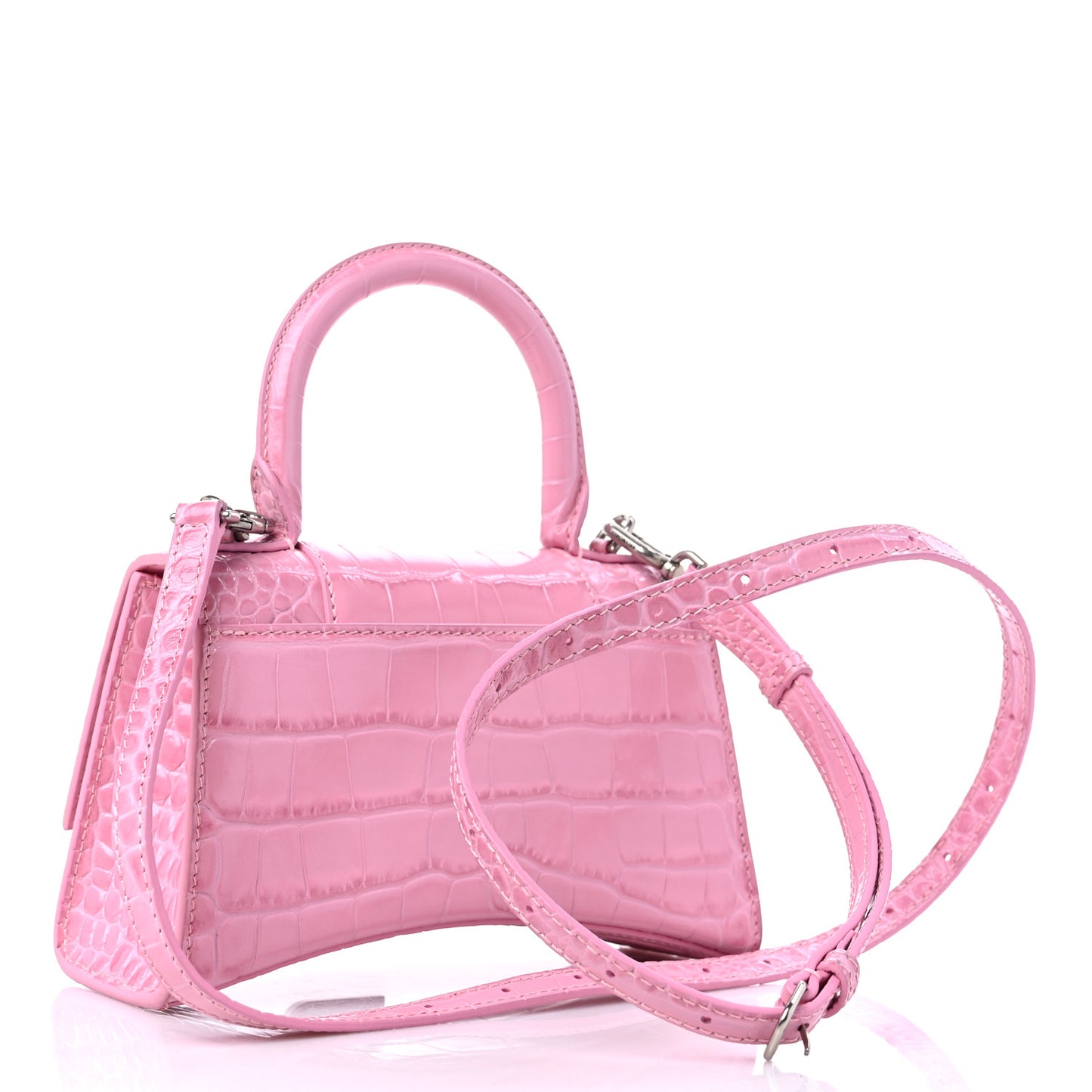 Shiny Calfskin Crocodile Embossed Hourglass Top Handle Bag XS Pink