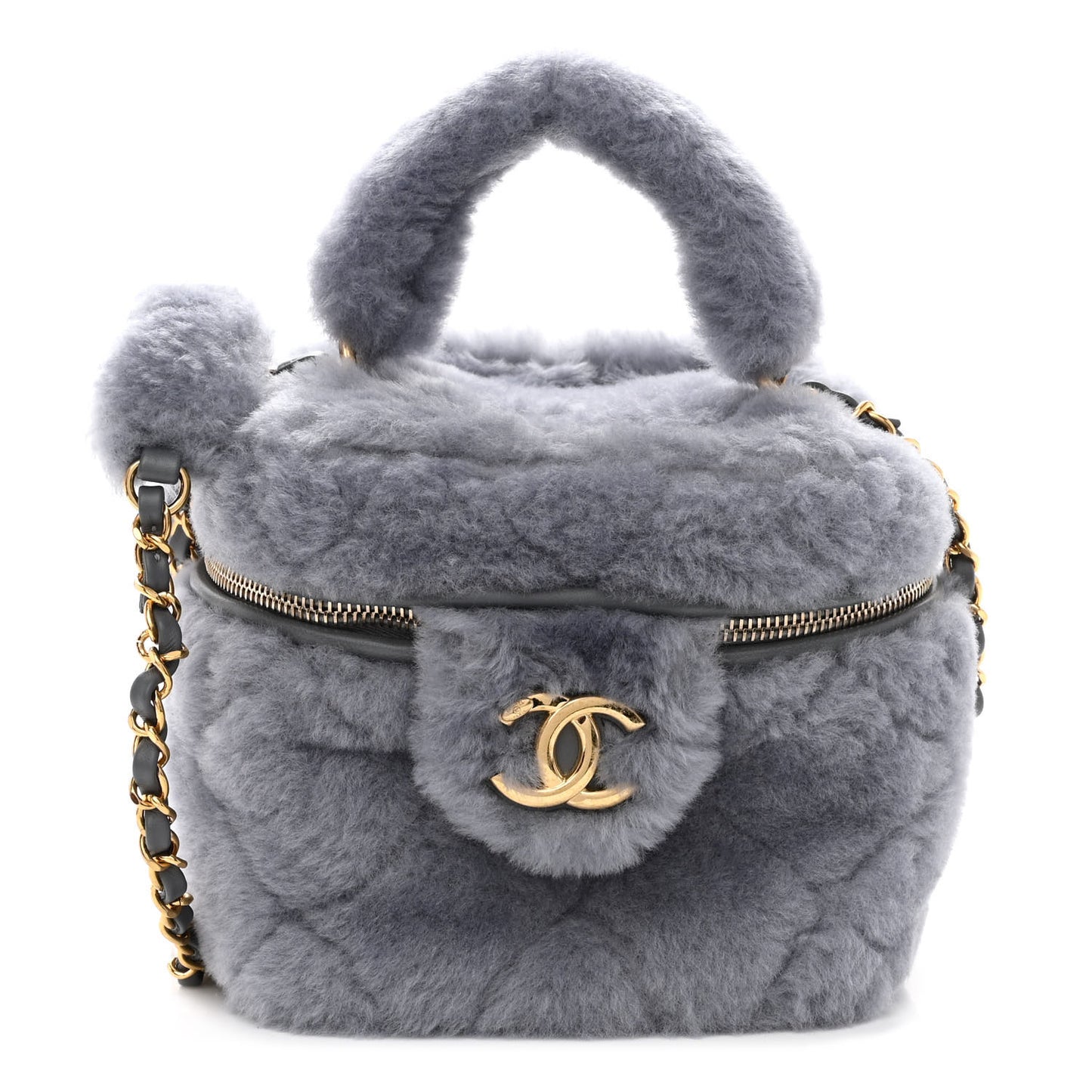 Shearling Lambskin Quilted Small Vanity Case Grey