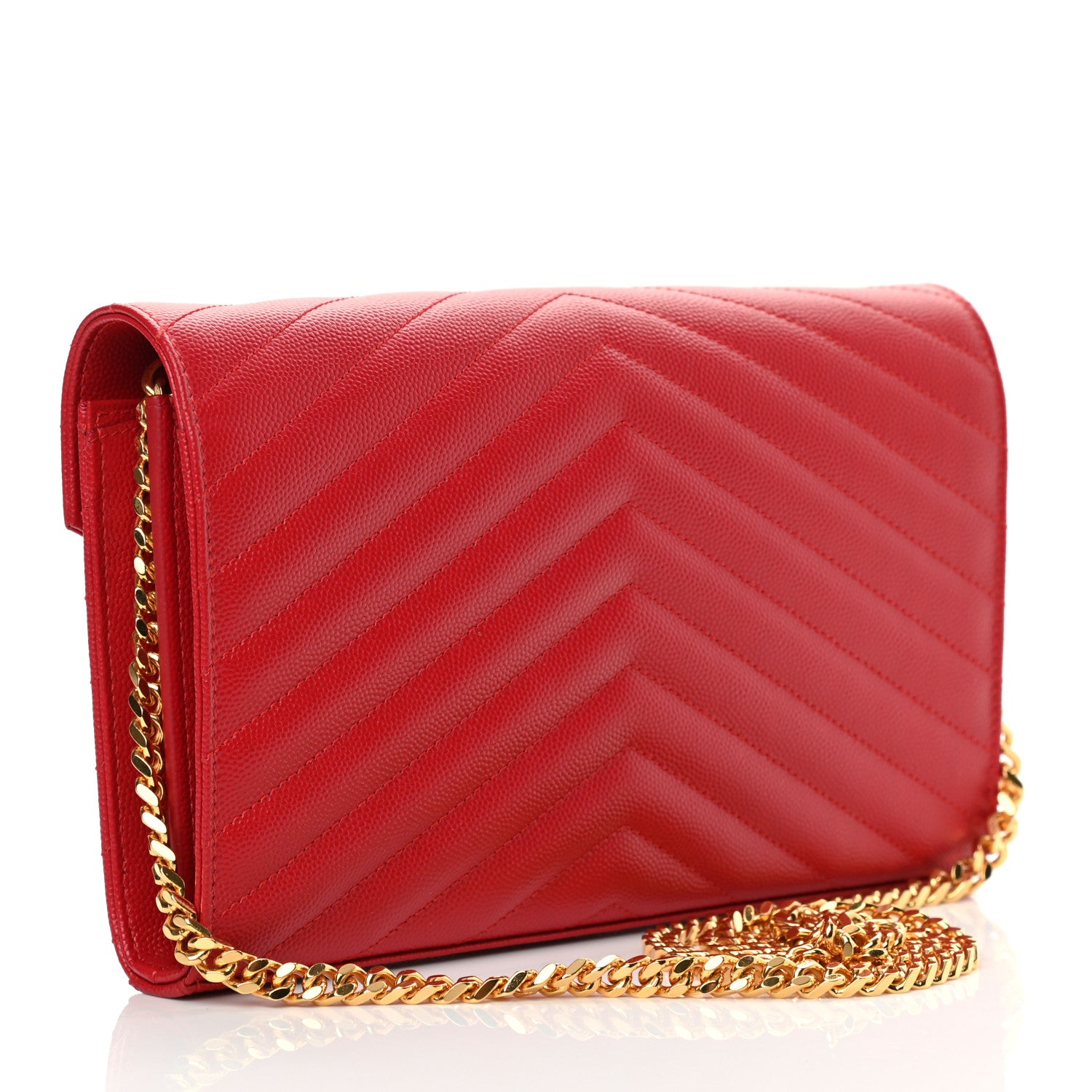 Saint Laurent Grain De Poudre Matelasse Chevron Monogram Chain Wallet New Red 3 of 10