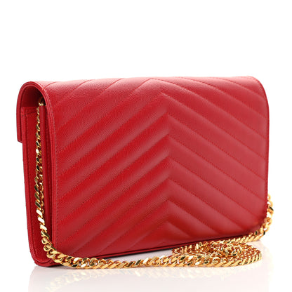 Saint Laurent Grain De Poudre Matelasse Chevron Monogram Chain Wallet New Red 3 of 10