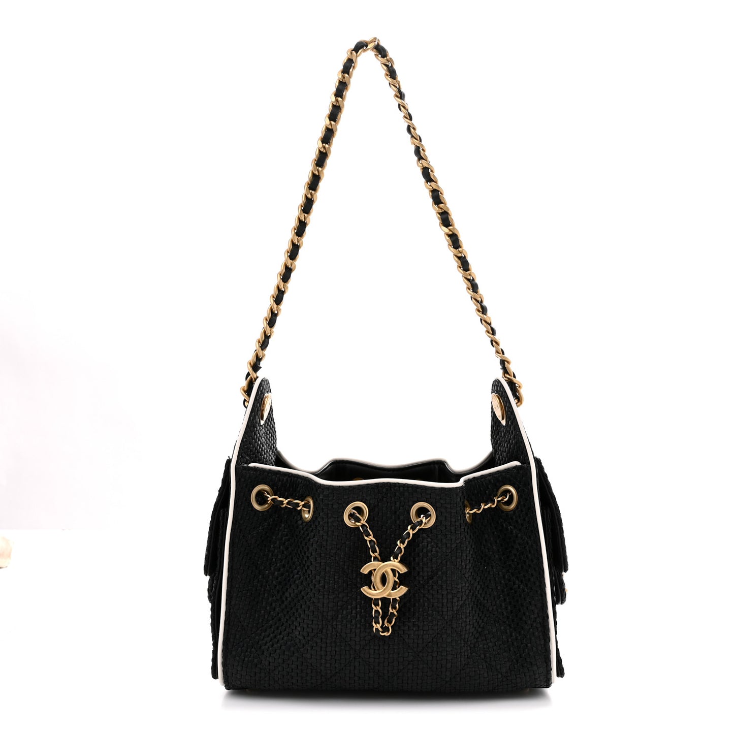Braided Raffia Calfskin Mini Chanel 25 Handbag Black White