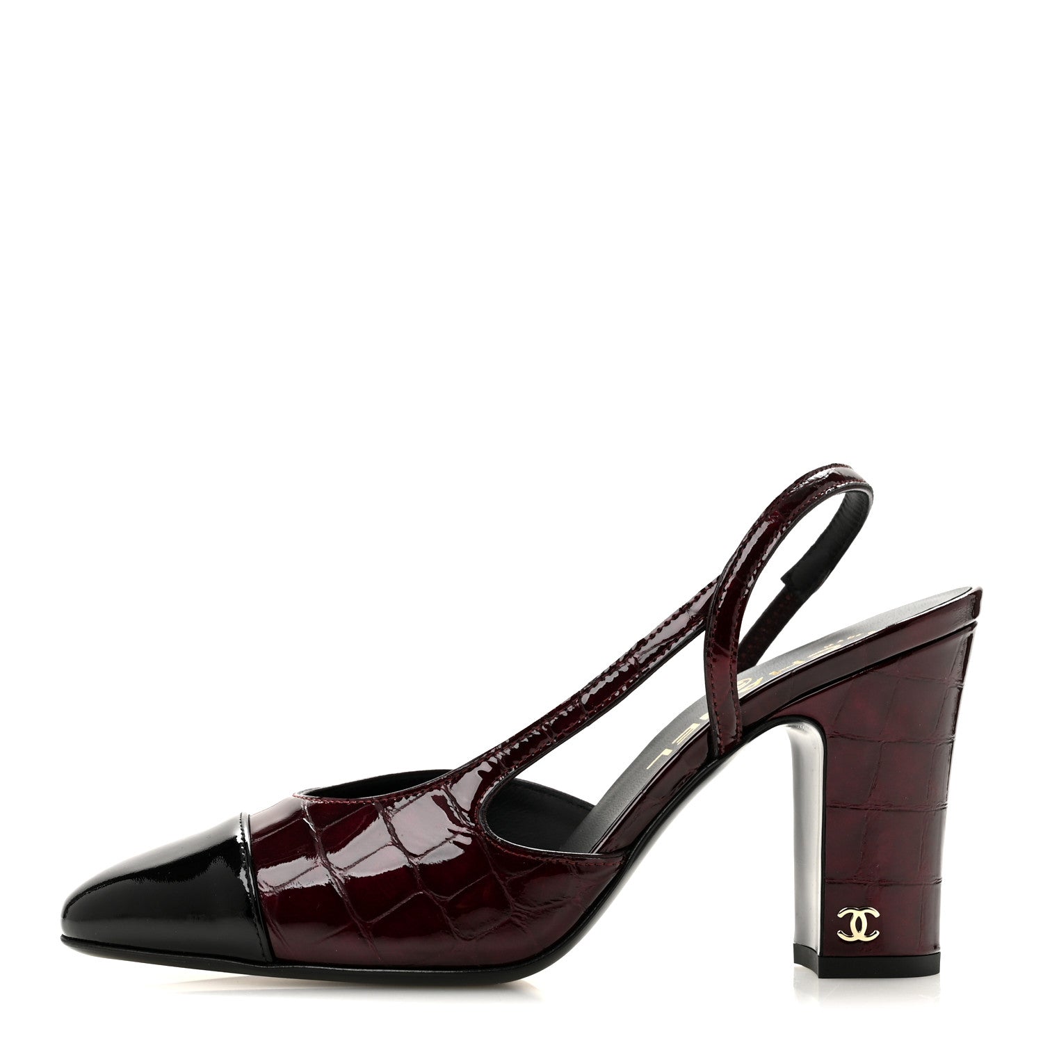 Chanel Patent Calfskin Crocodile Embossed Cap Toe CC Slingback Pumps 36.5 Dark Burgundy Black 1 of 10
