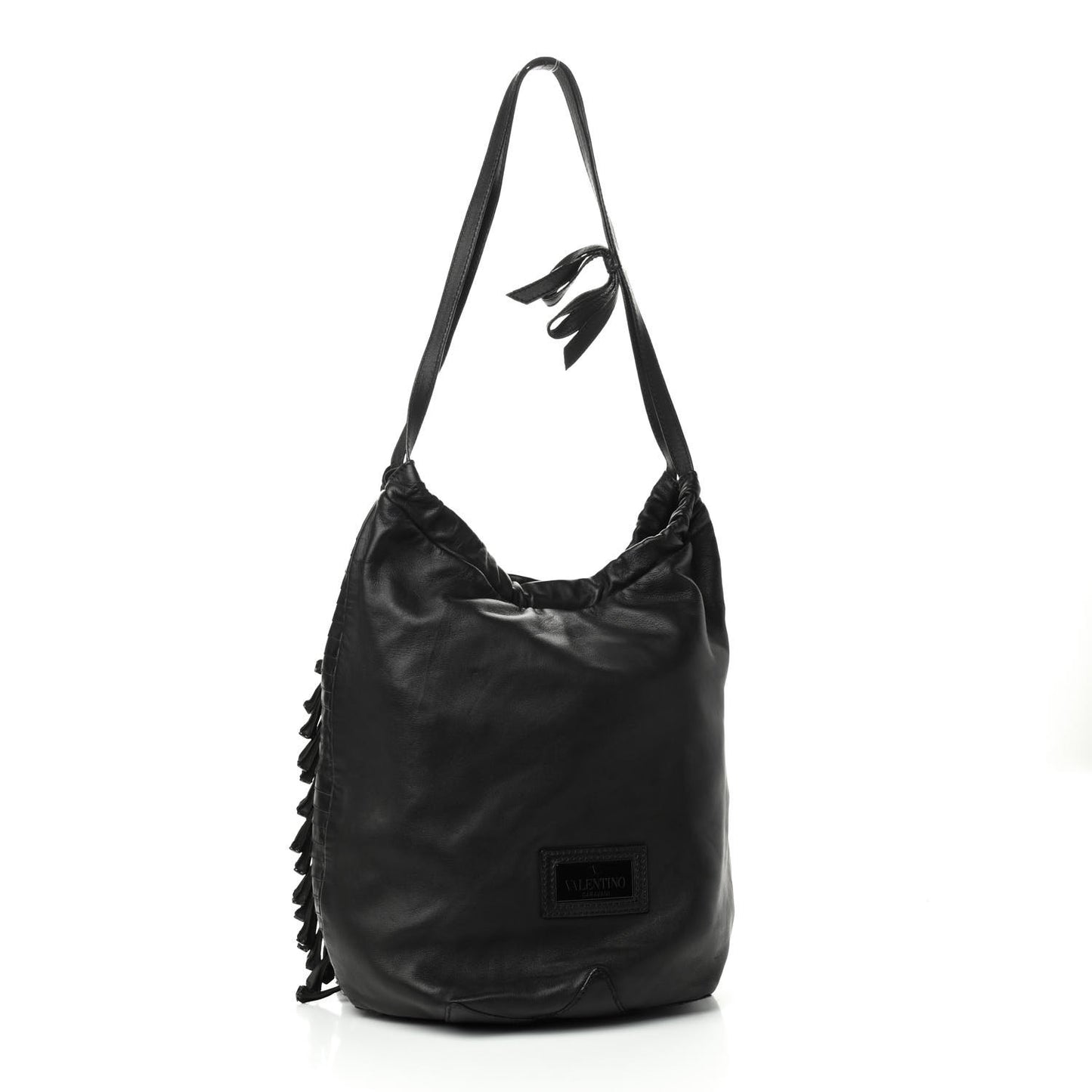 Lambskin Rockstud Fringe Bucket Black