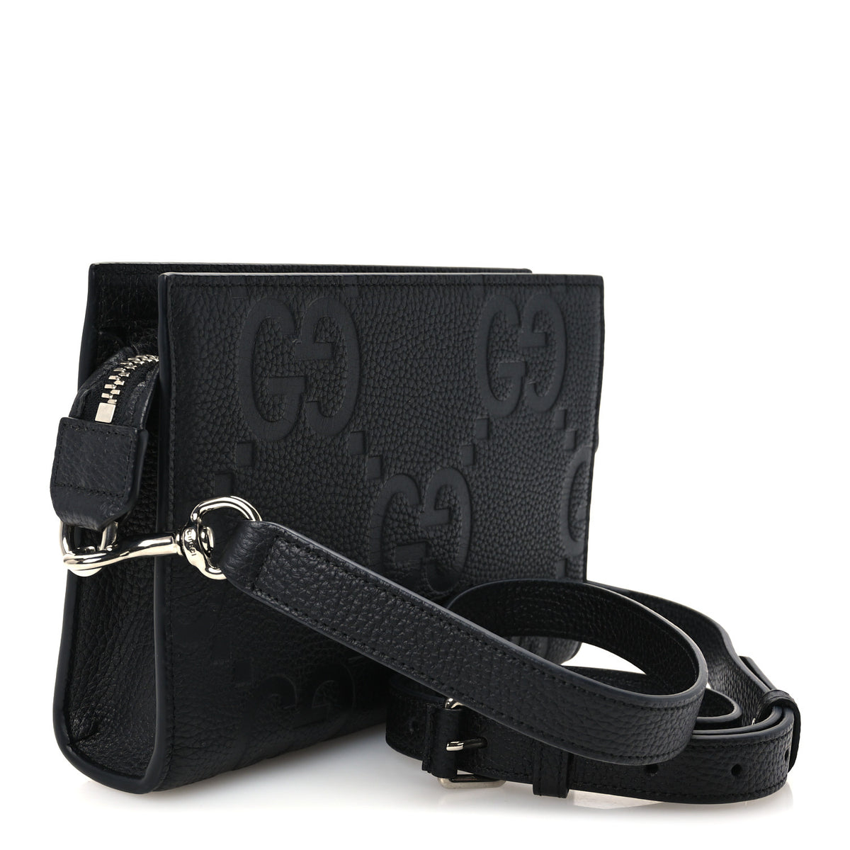 Gucci Monogram Jumbo GG Textured Dollar Calfskin Wristlet Messenger Bag Black 3 of 10