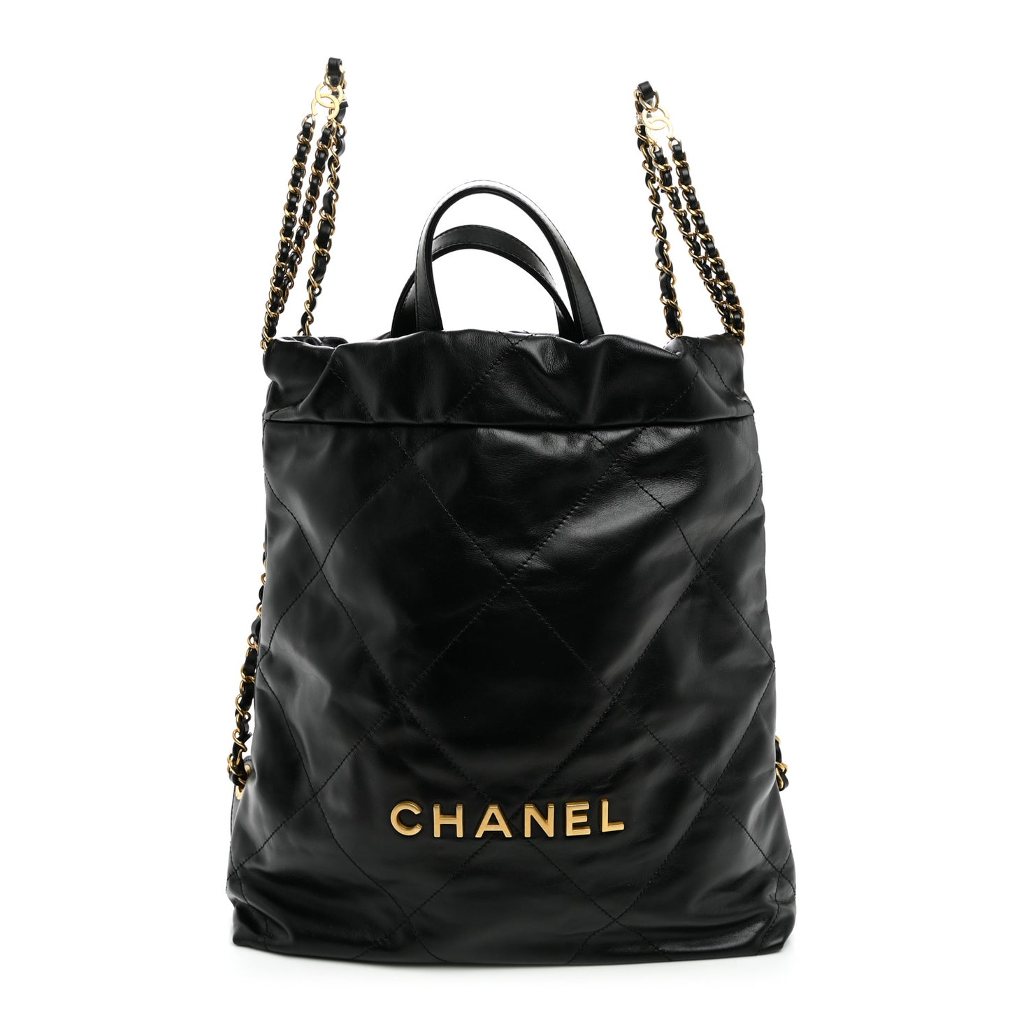 Shiny Calfskin Quilted Chanel 22 Backpack Black