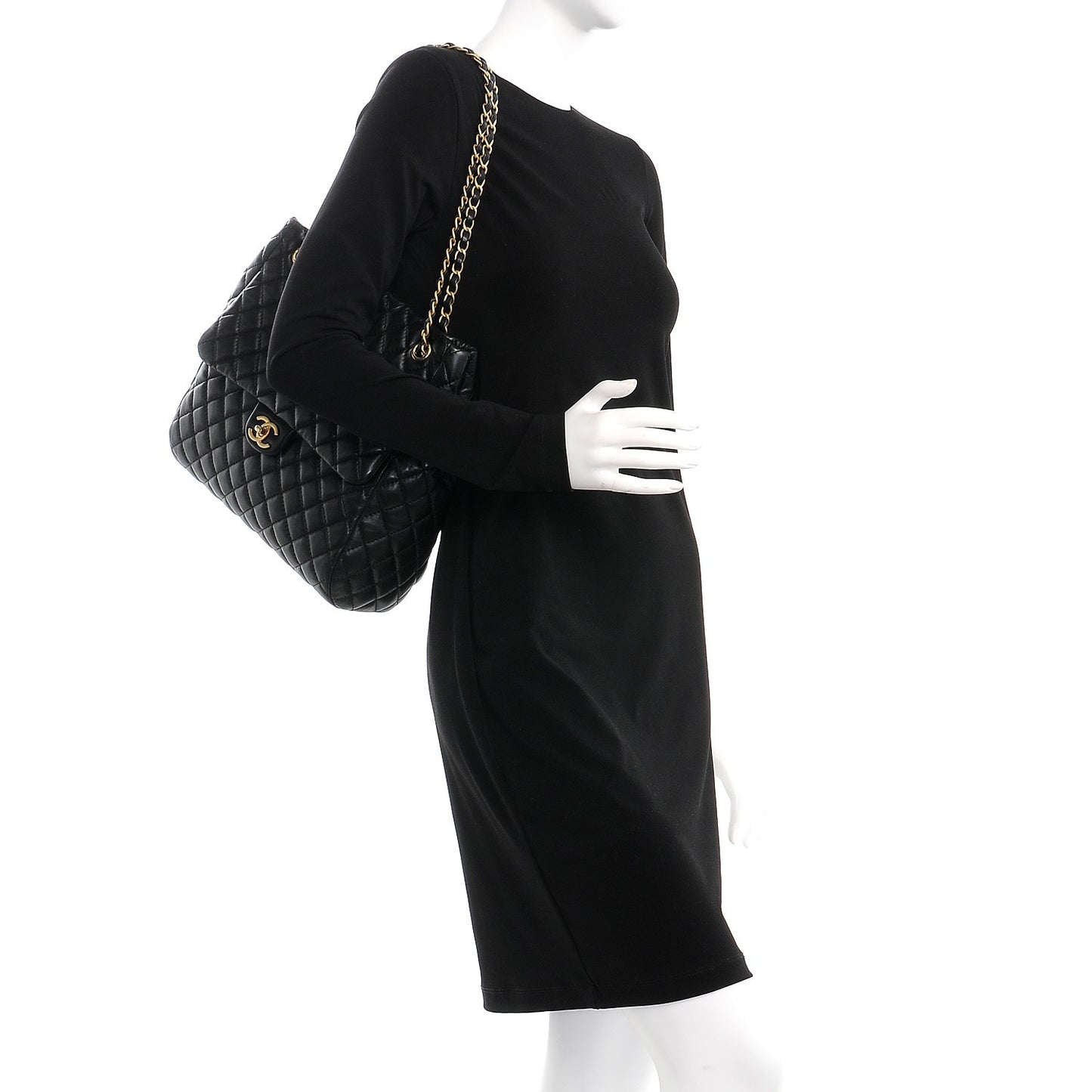 Lambskin Quilted Large Fluffy CC Shopping Tote Black