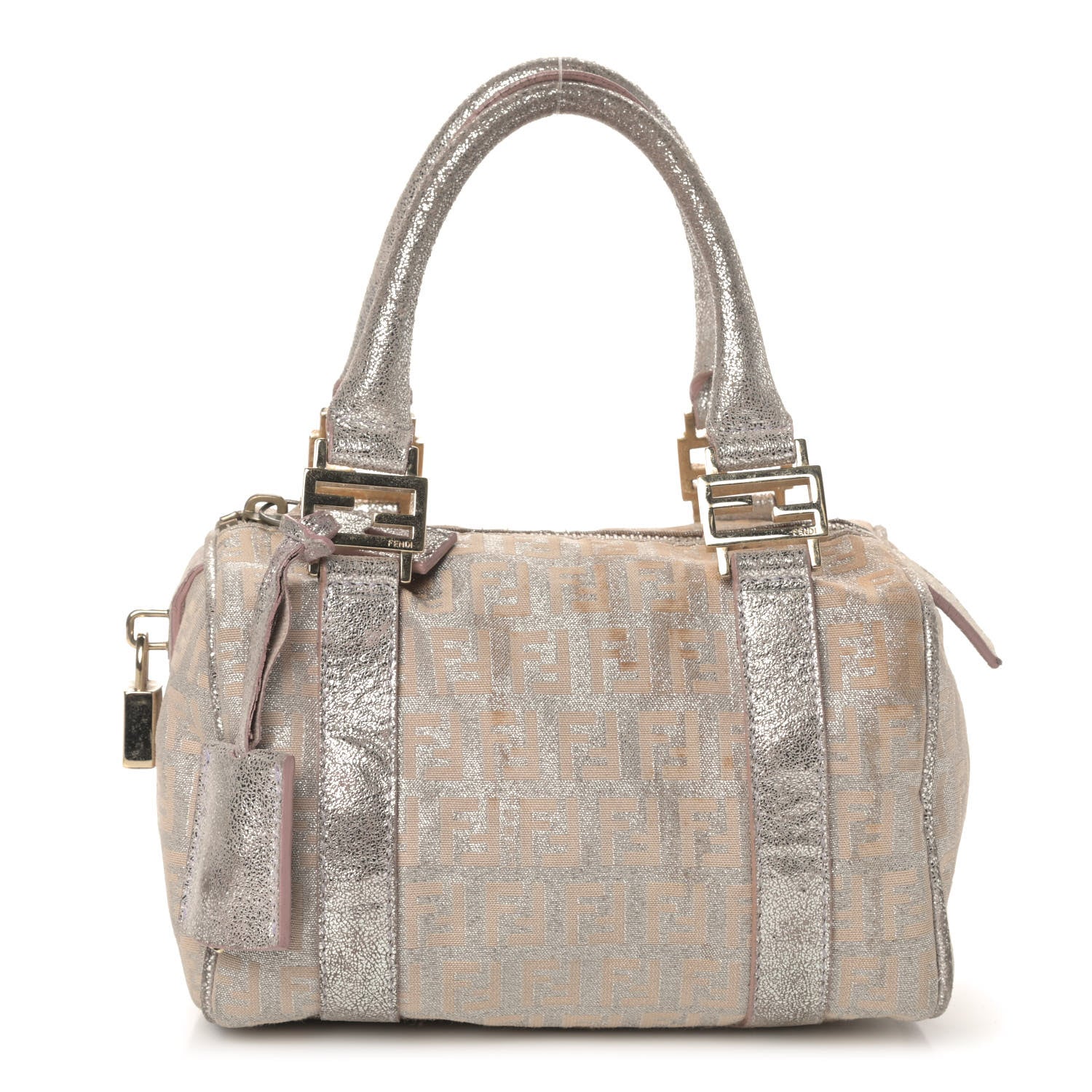 Fendi Metallic Jacquard Zucchino Mini Forever Boston Gold Silver 1 of 4