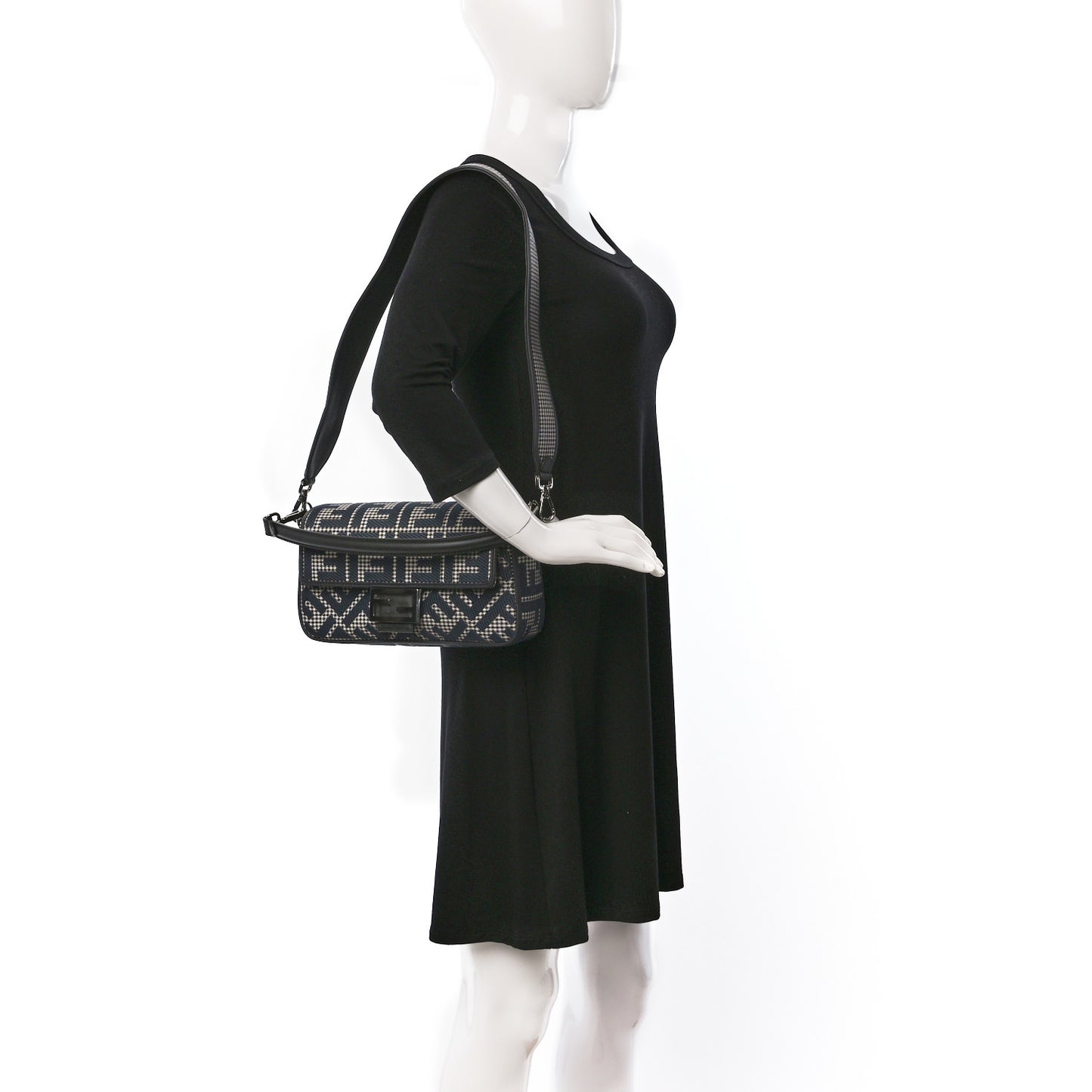 Wool Vitello King Houndstooth FF Embroidered Baguette Grigio Anthracite