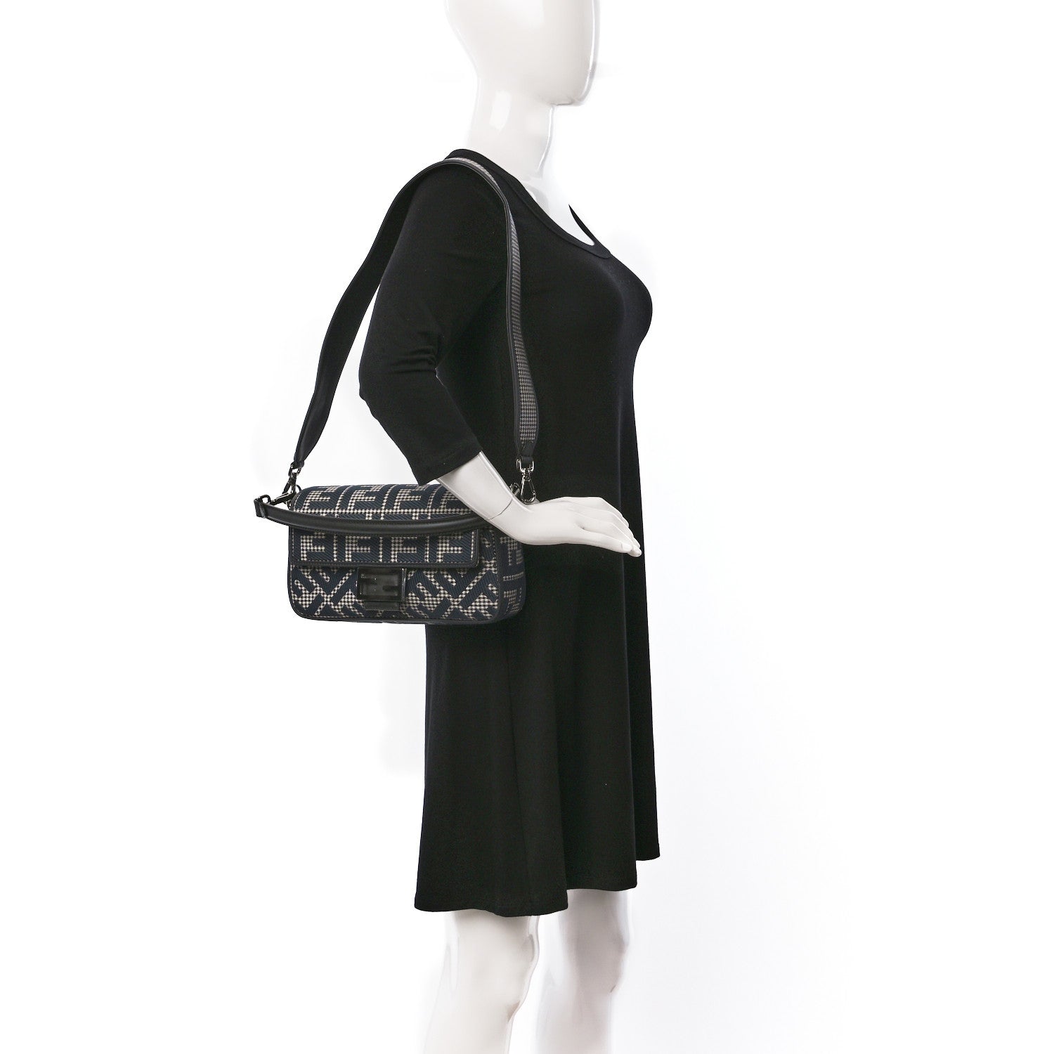 Fendi Wool Vitello King Houndstooth FF Embroidered Baguette Grigio Anthracite 2 of 8