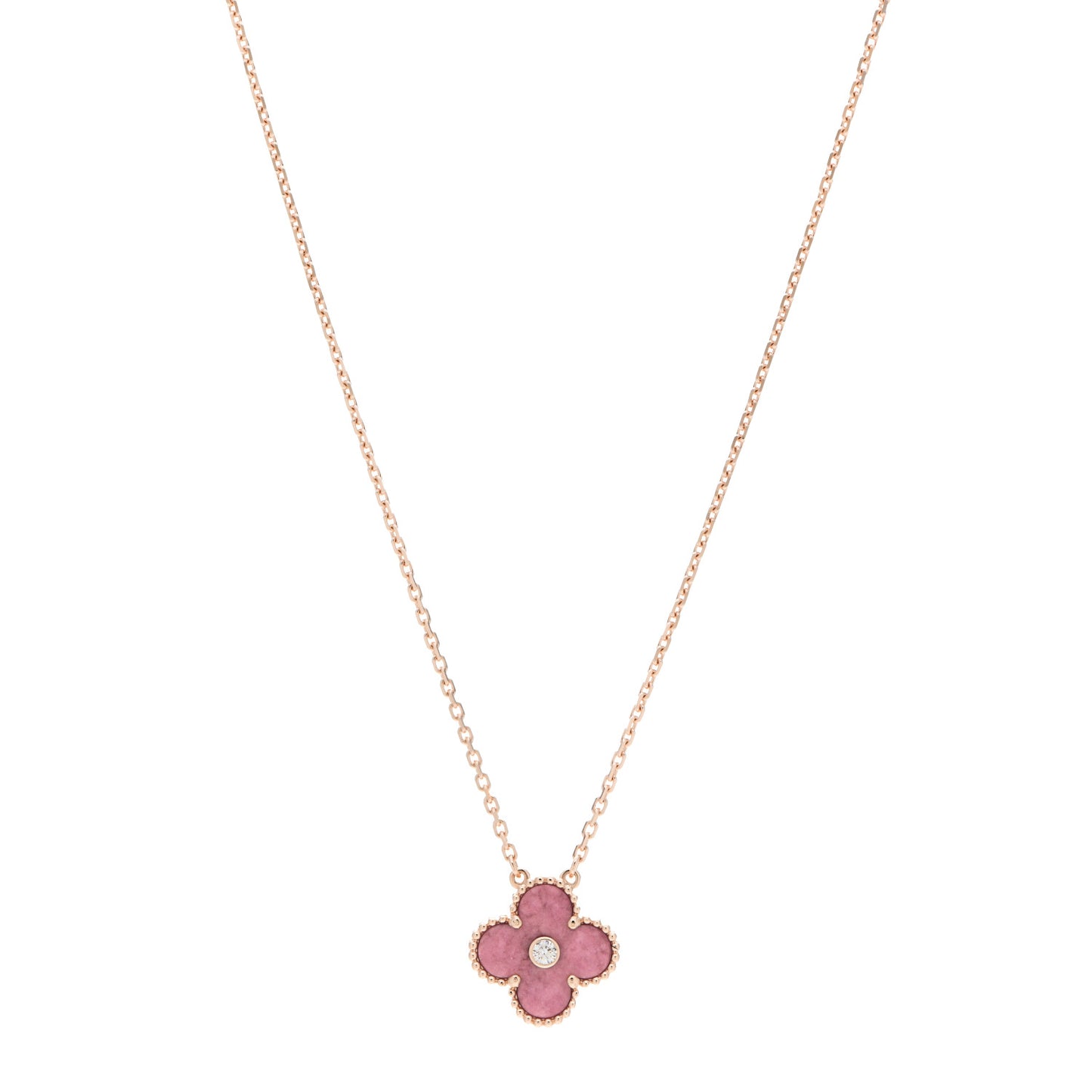 18K Rose Gold Diamond Rhodonite Vintage Alhambra Pendant Necklace