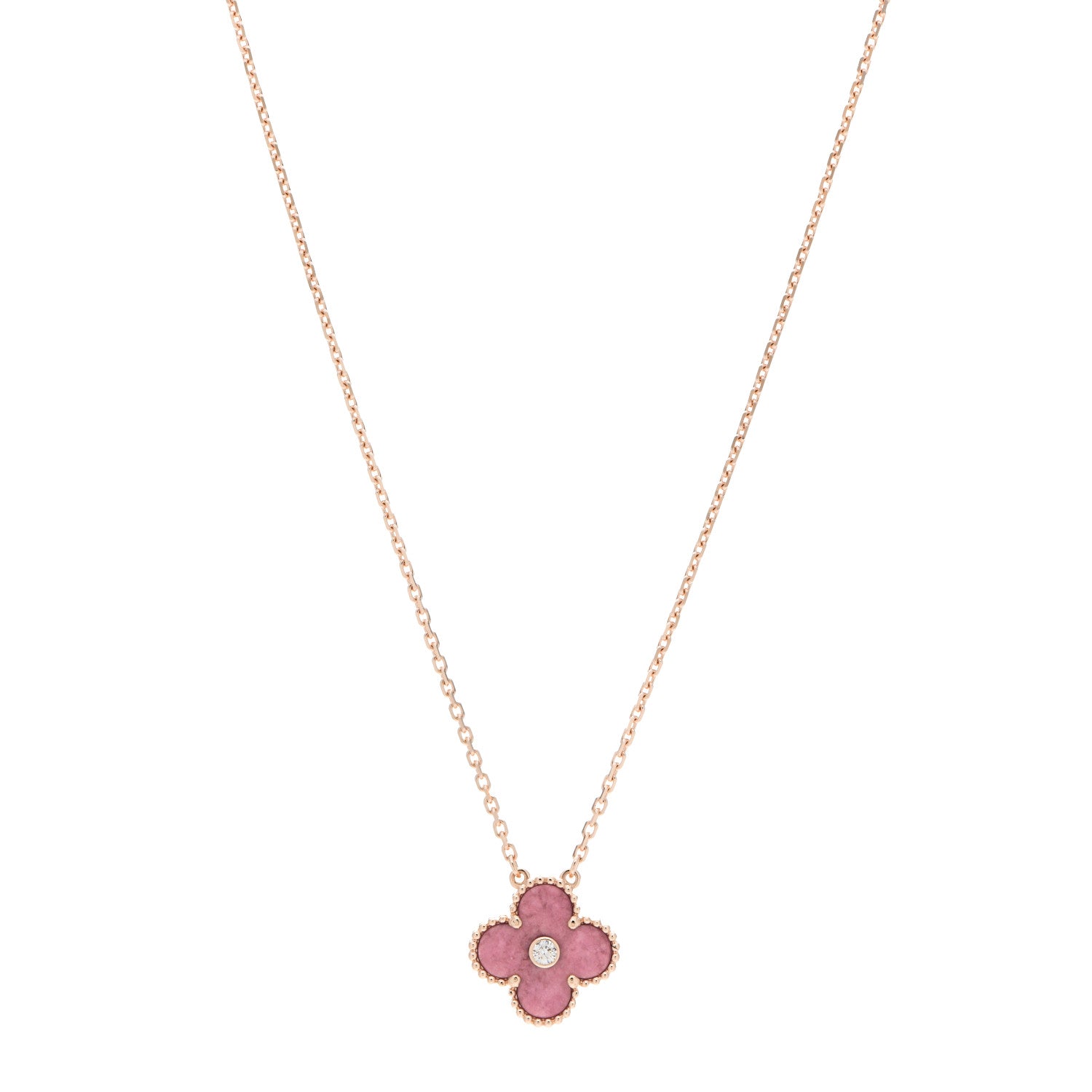 Van Cleef & Arpels 18K Rose Gold Diamond Rhodonite Vintage Alhambra Pendant Necklace 1 of 6