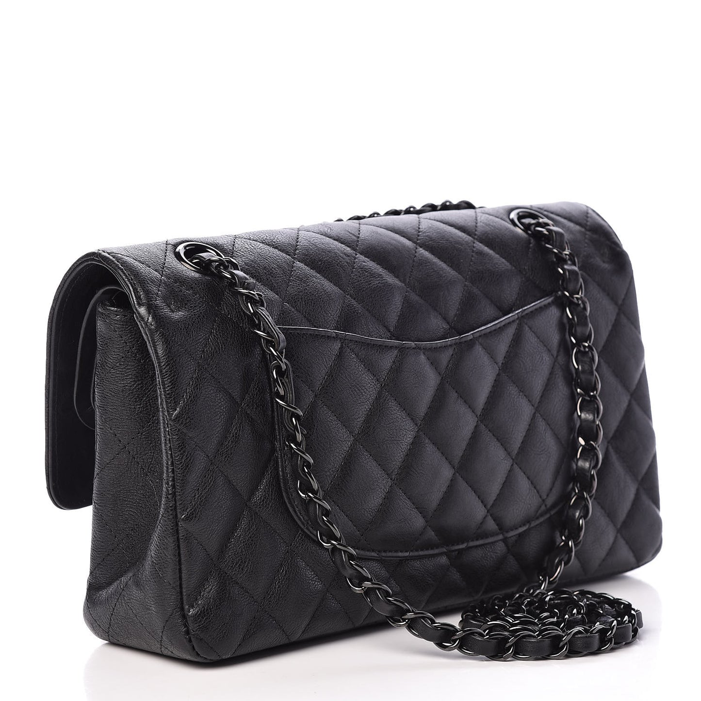Crumpled Calfskin Quilted Medium Double Flap So Black