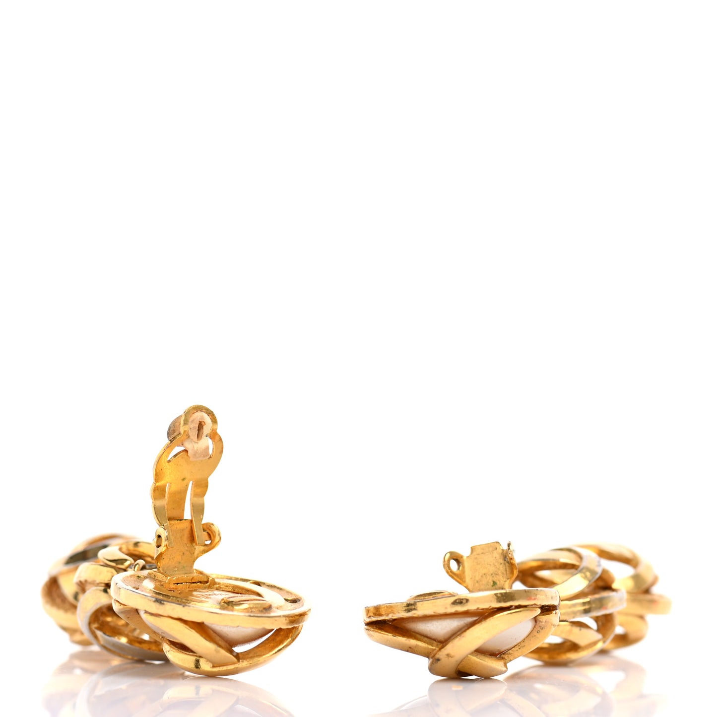 Metal Pearl CC Dangle Clip On Earrings Gold