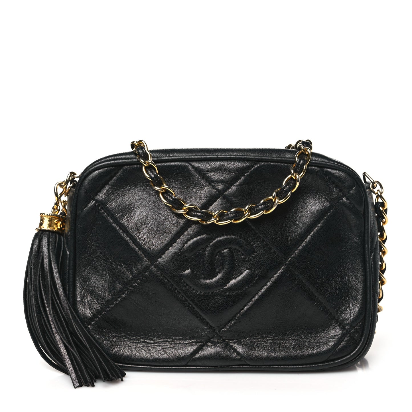 Lambskin Quilted CC Tassel Camera Case Black