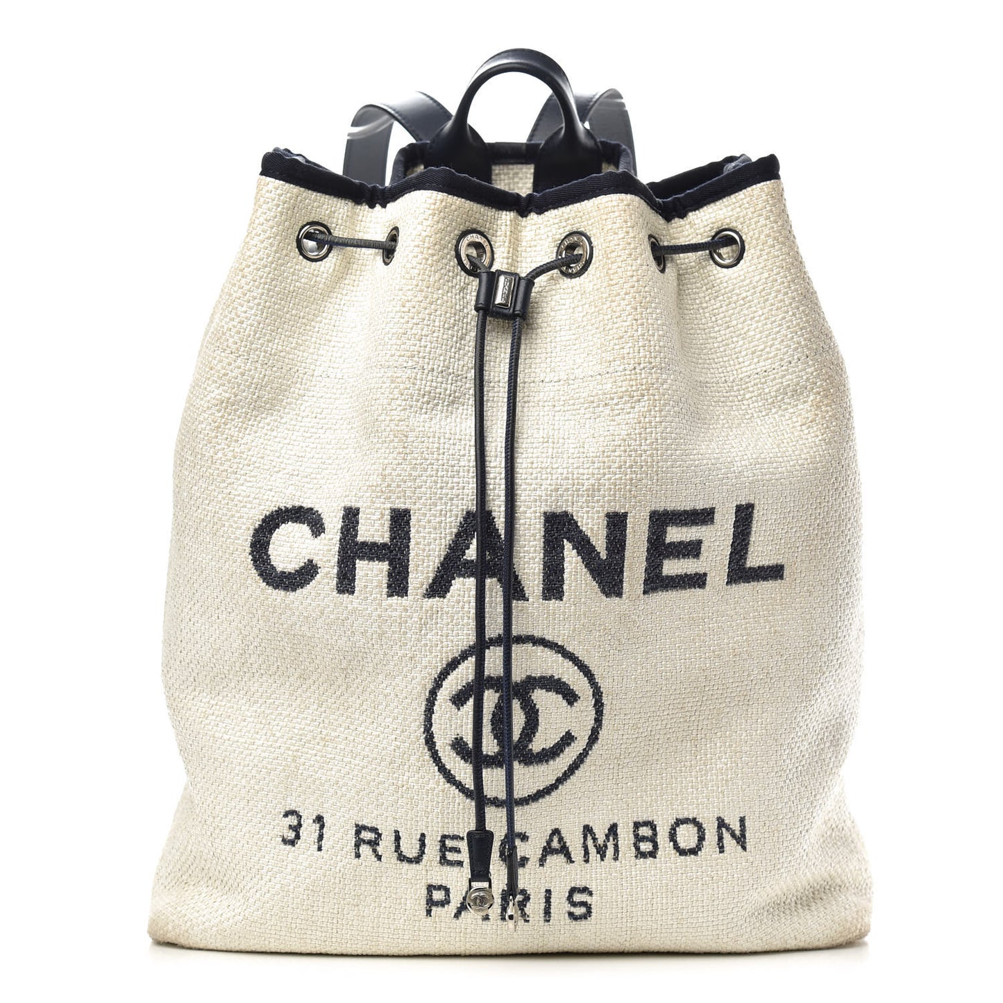 Woven Straw Raffia Large Deauville Backpack White Navy