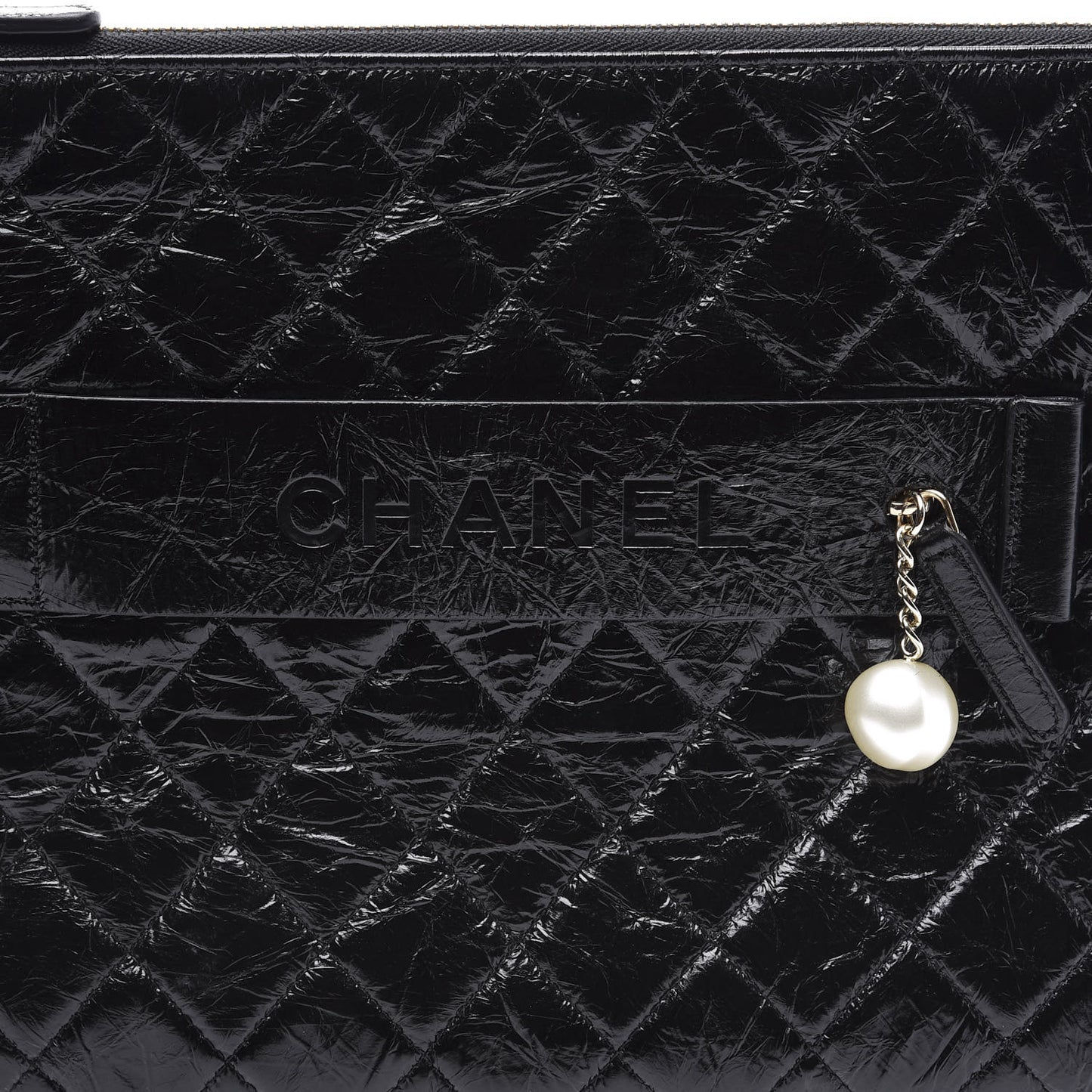 Shiny Crumpled Calfskin Quilted Medium Night by the C Pouch Clutch Black
