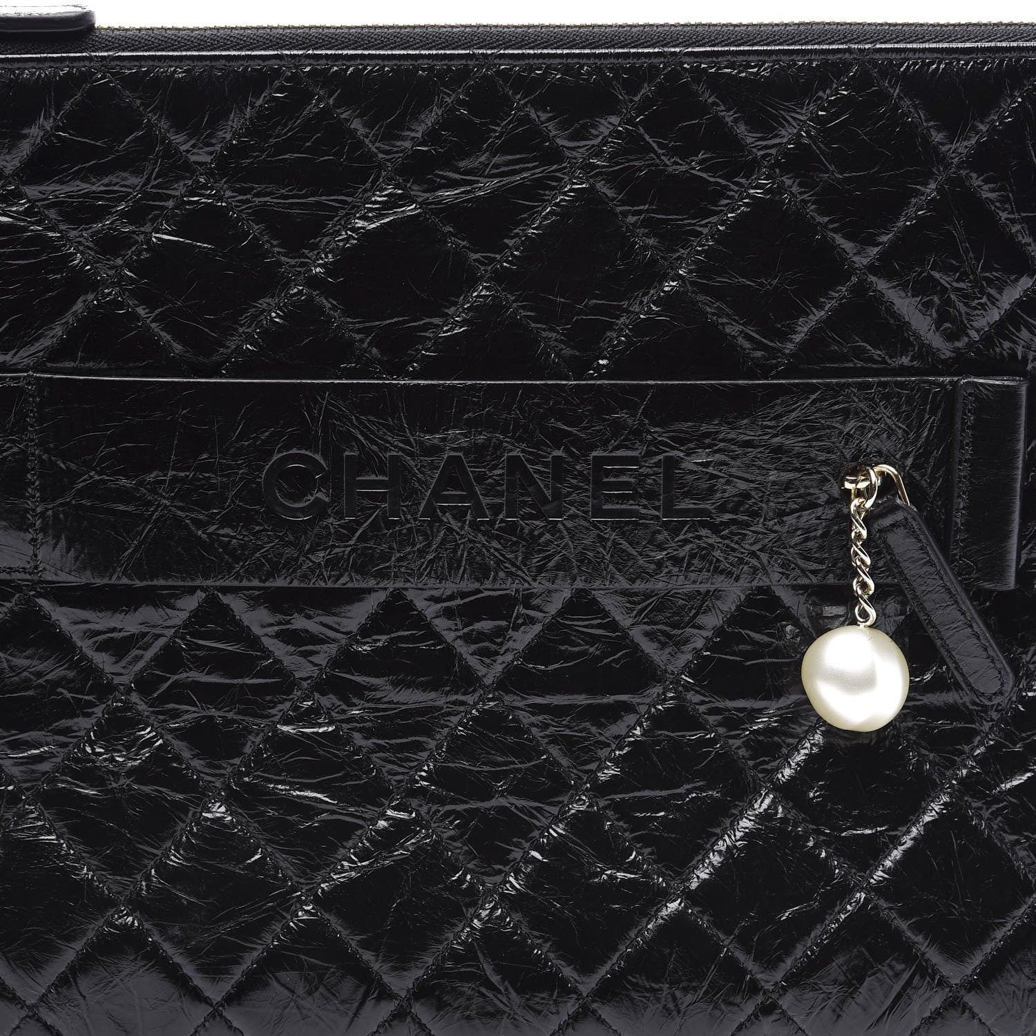 Chanel Shiny Crumpled Calfskin Quilted Medium Night by the C Pouch Clutch Black 9 of 9