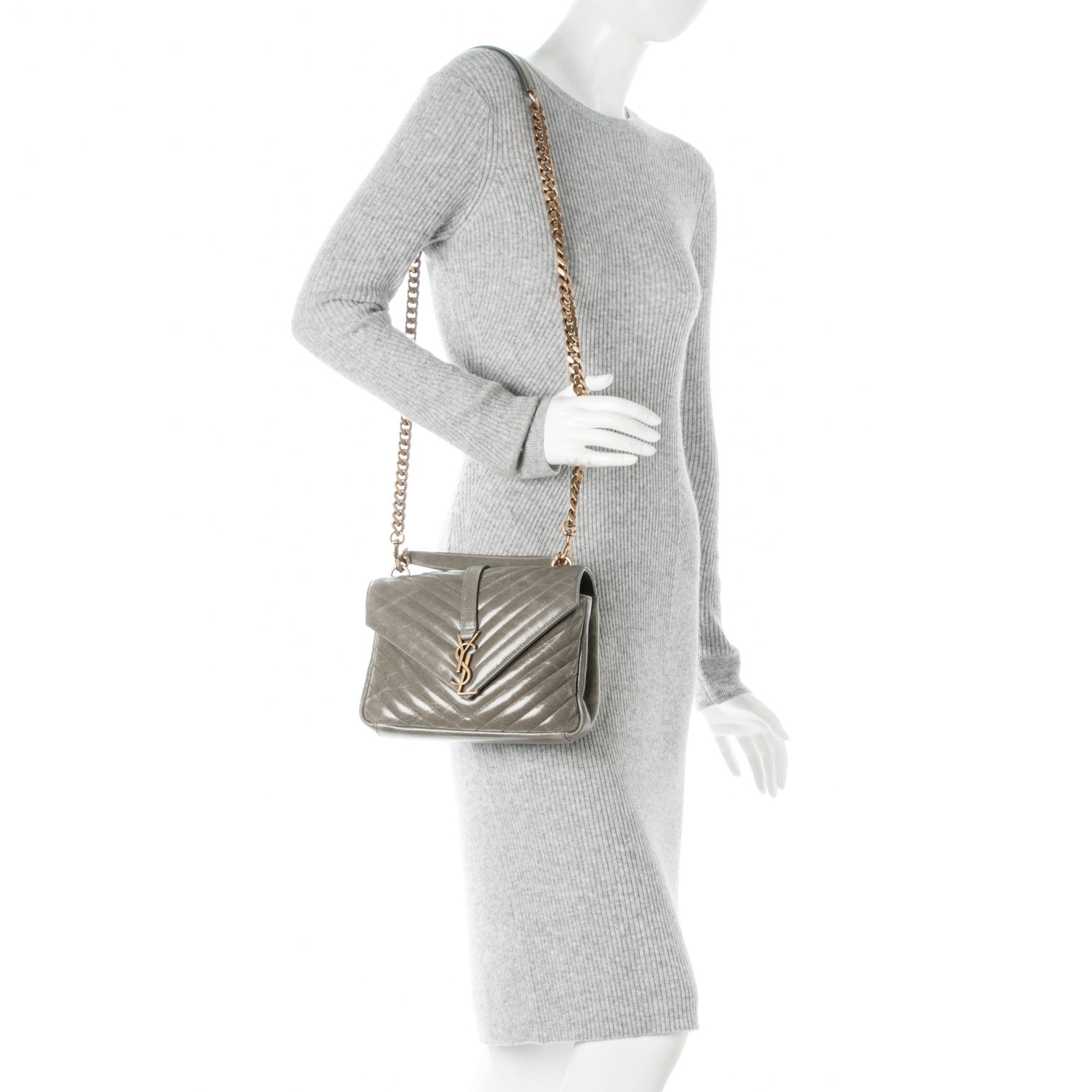 Saint Laurent Waxed Calfskin Matelasse Chevron Medium Monogram College Bag Fog Gray 2 of 6