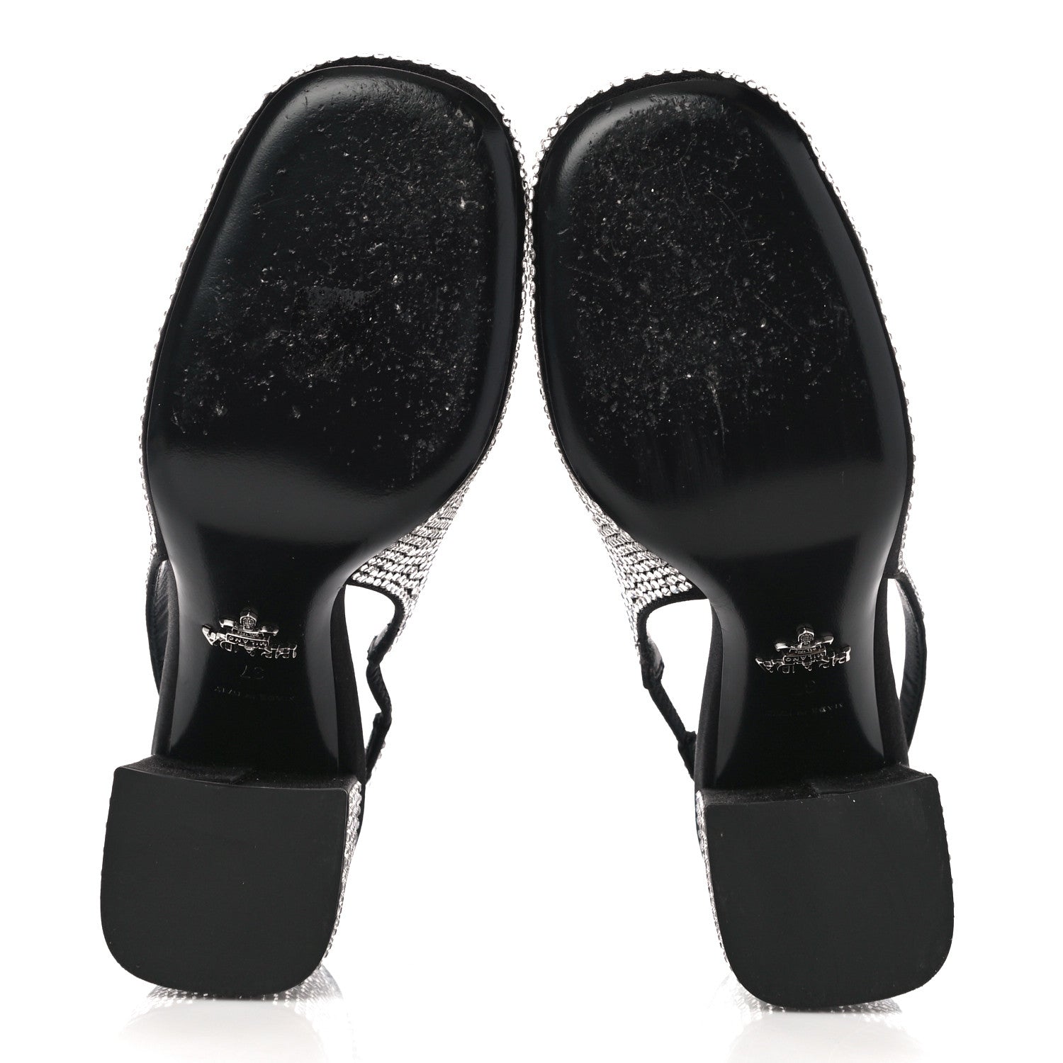 Prada Satin Crystal Logo Block Heel 75mm Slingback Pumps 37