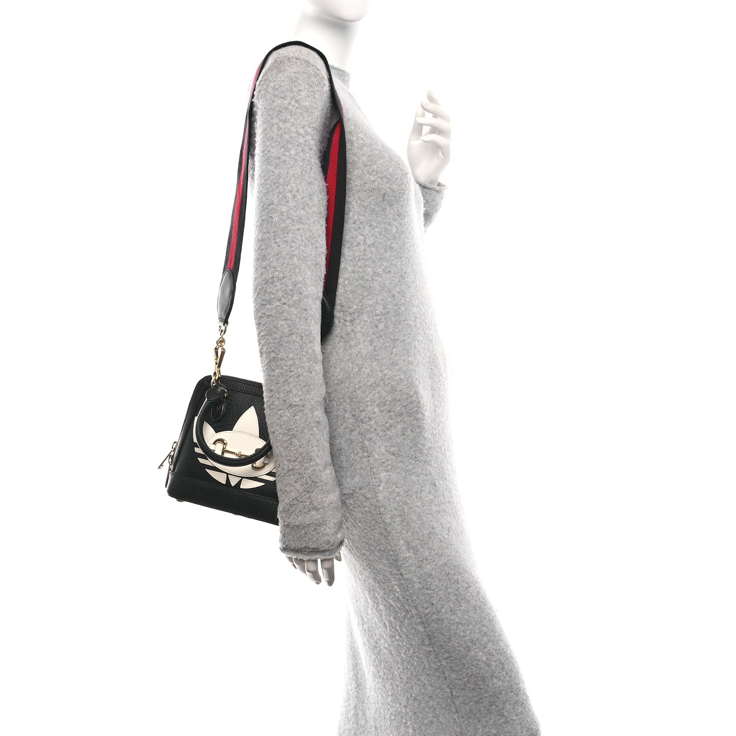 Gucci X ADIDAS Textured Dollar Calfskin Web Trefoil Mini Horsebit 1955 Top Handle Bag Black Off White 2 of 10