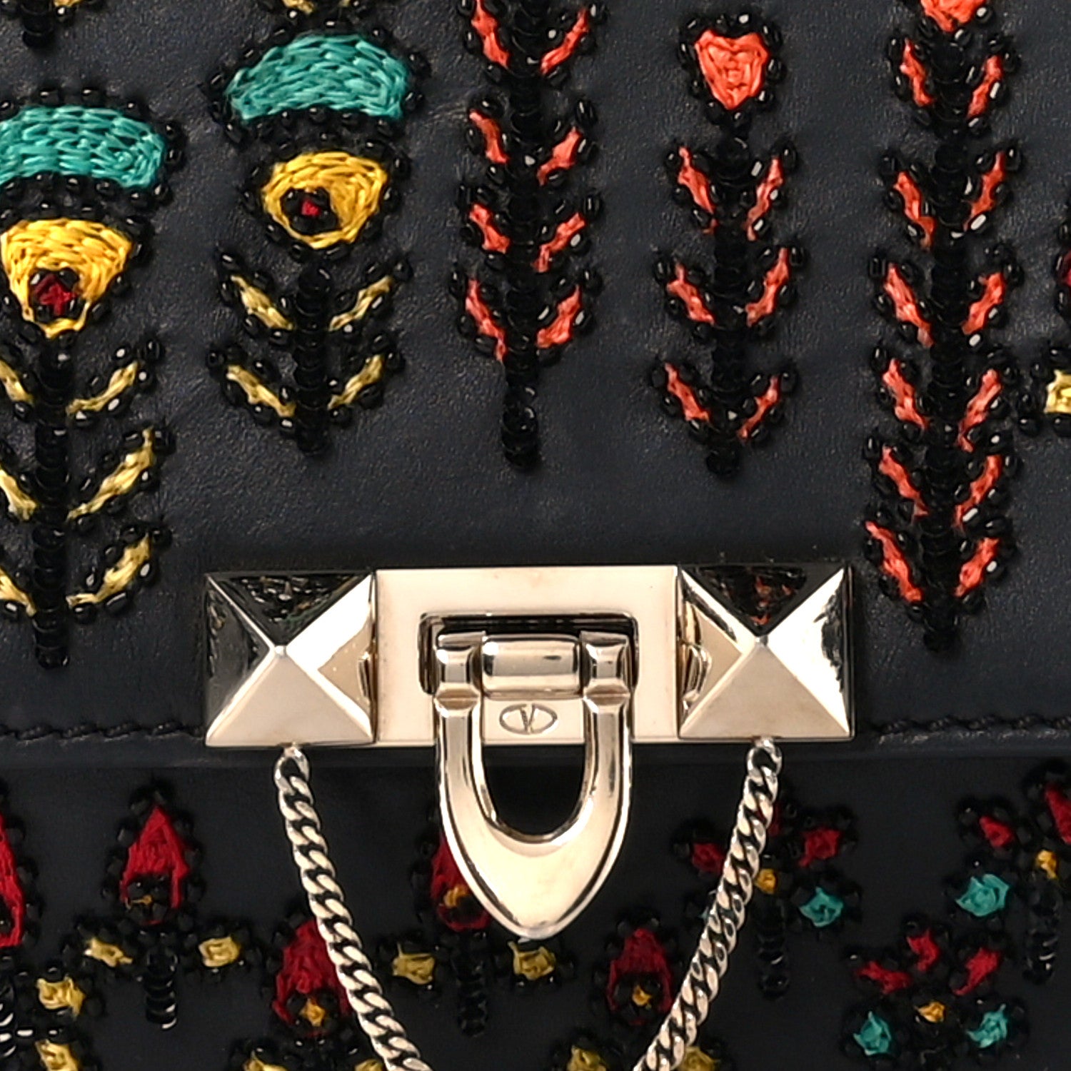 Valentino Garavani Calfskin Embroidered Beaded Rockstud Small Demilune Shoulder Bag Black Multicolor 11 of 14