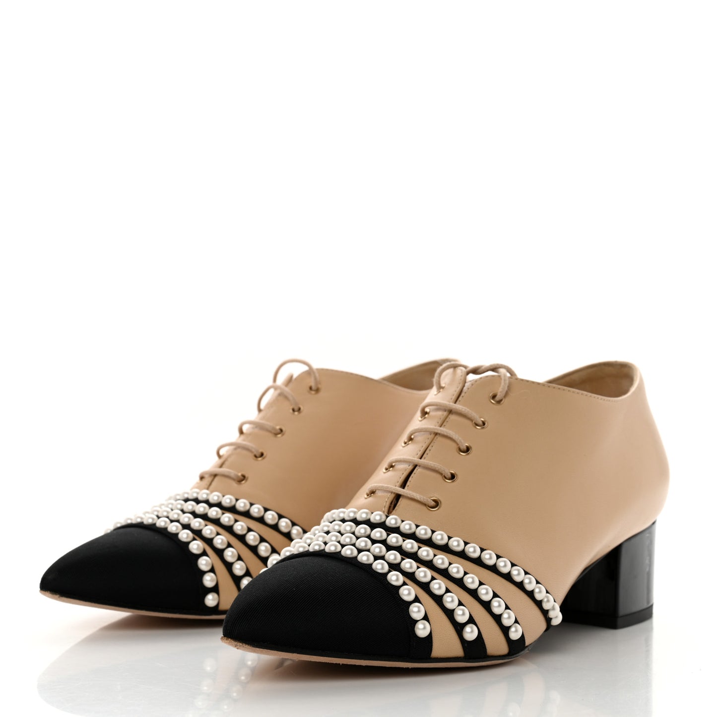 Goatskin Grosgrain Pearl Cap Toe Lace Up Oxfords 39 Beige Black