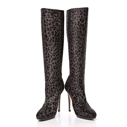 Jimmy Choo Pony Hair Leopard Print Gecco Knee High Boots 40 Smoke Black 8 of 10