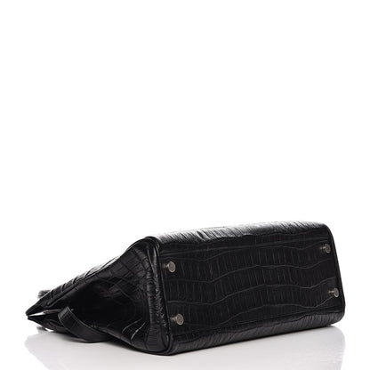 Saint Laurent Calfskin Crocodile Embossed Medium Trois Class Tote Black 5 of 13