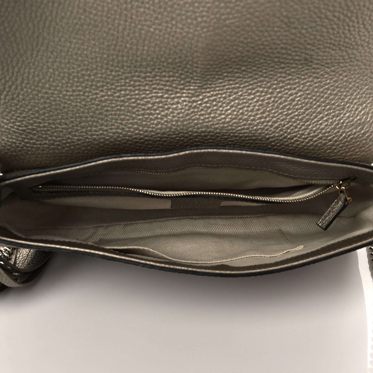 Metallic Pebbled Calfskin Medium Soho Flap Crossbody Golden Beige