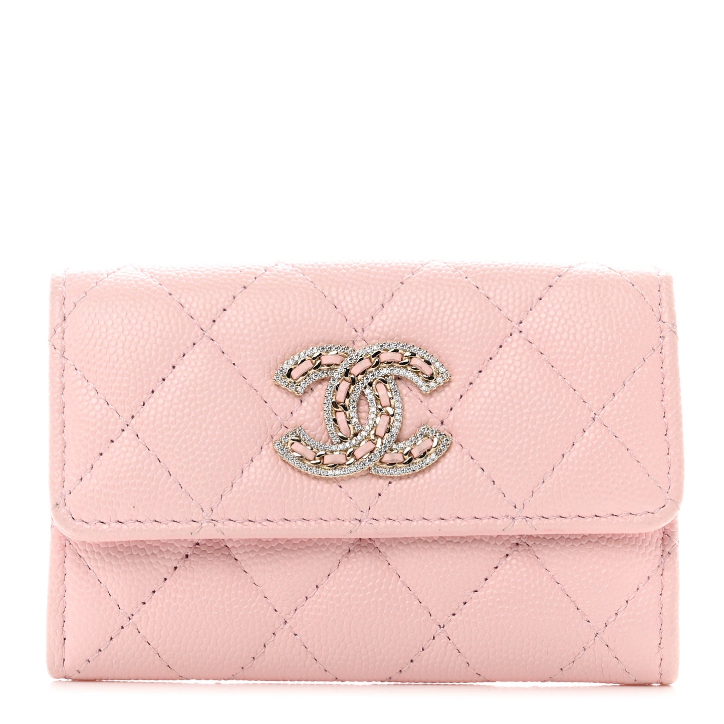 Caviar Quilted Crystal CC Flap Card Holder Pink