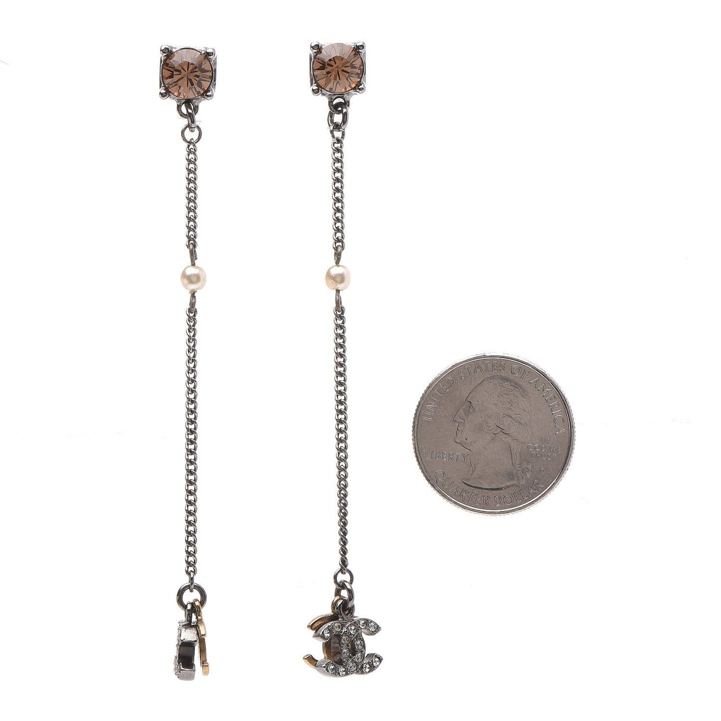 Crystal Pearl CC Long Drop Earrings Silver Gold