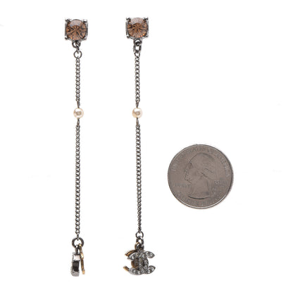 Chanel Crystal Pearl CC Long Drop Earrings Silver Gold 2 of 4