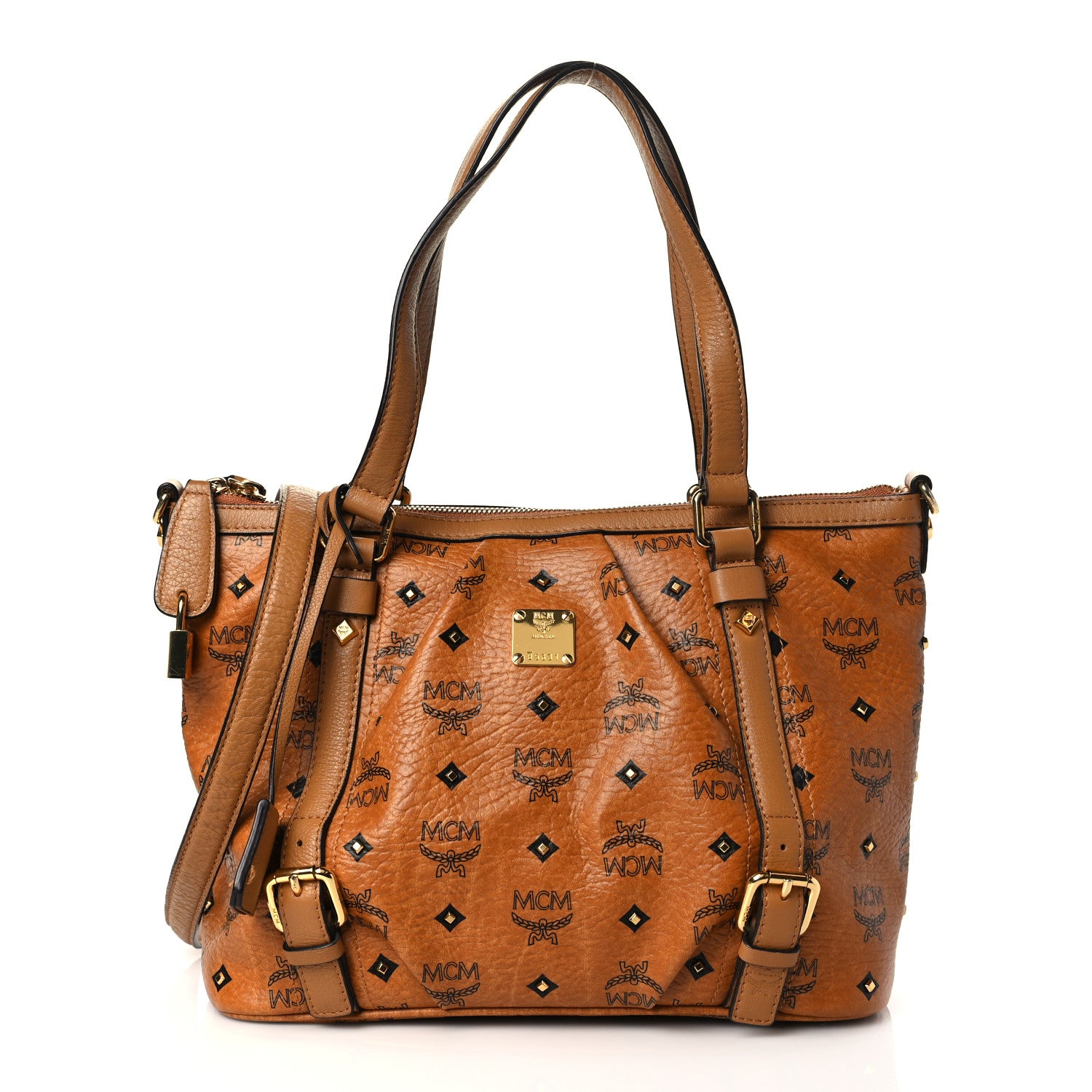MCM Visetos Studded Medium Essentials Shopper Tote Cognac 1 of 10