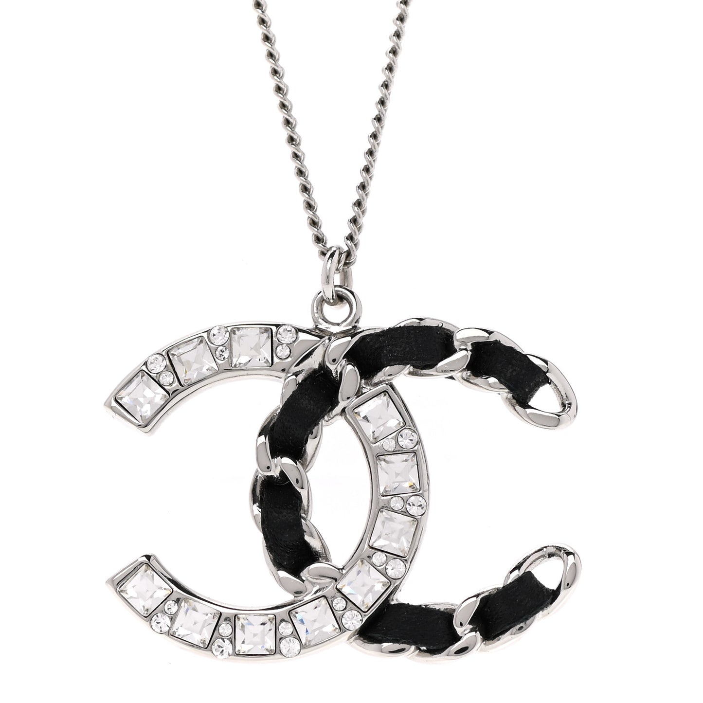 Lambskin Baguette Crystal CC Necklace Black Silver