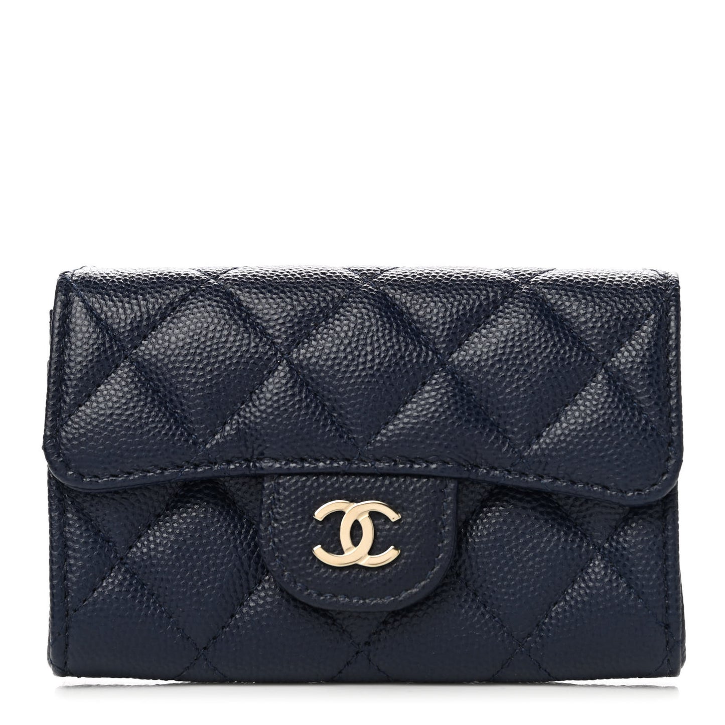 Caviar Quilted Flap Card Holder Wallet Navy