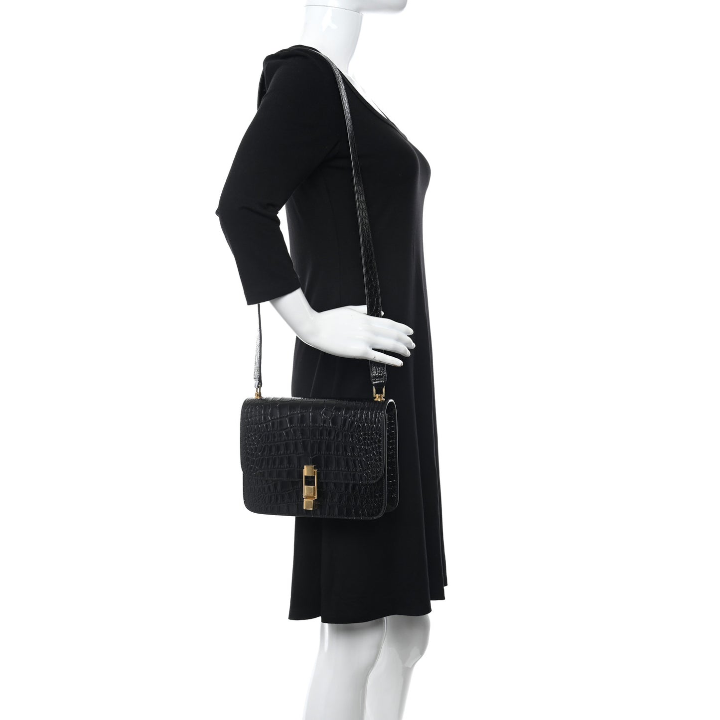 Calfskin Crocodile Embossed Carre Satchel Black