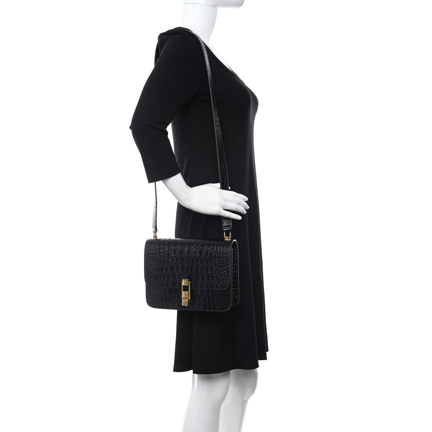 Saint Laurent Calfskin Crocodile Embossed Carre Satchel Black 2 of 10