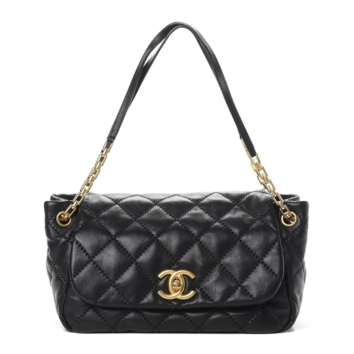 Calfskin Quilted Retro Chain Flap Black