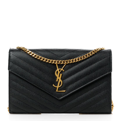 Saint Laurent Grain De Poudre Matelasse Chevron Monogram Chain Wallet Black 1 of 11