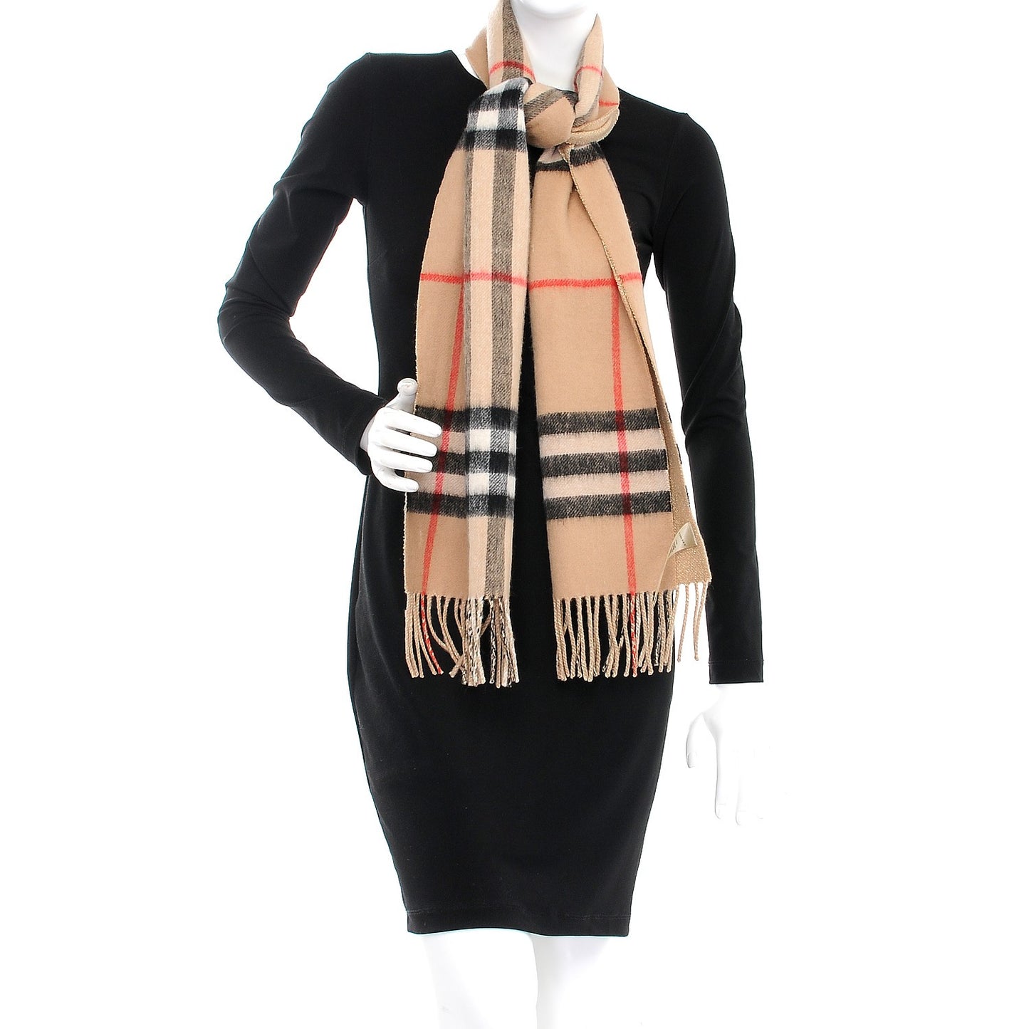 Metallic Polyester Cashmere Giant Check Reversible Fringe Scarf Camel
