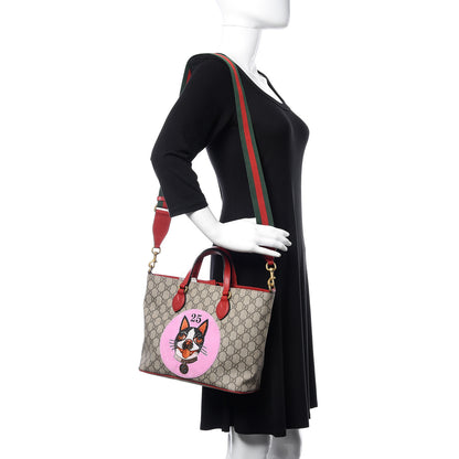 Gucci Soft GG Supreme Monogram Web Bosco Patch Small Crossbody Tote Beige Malva Hibiscus Red 2 of 9