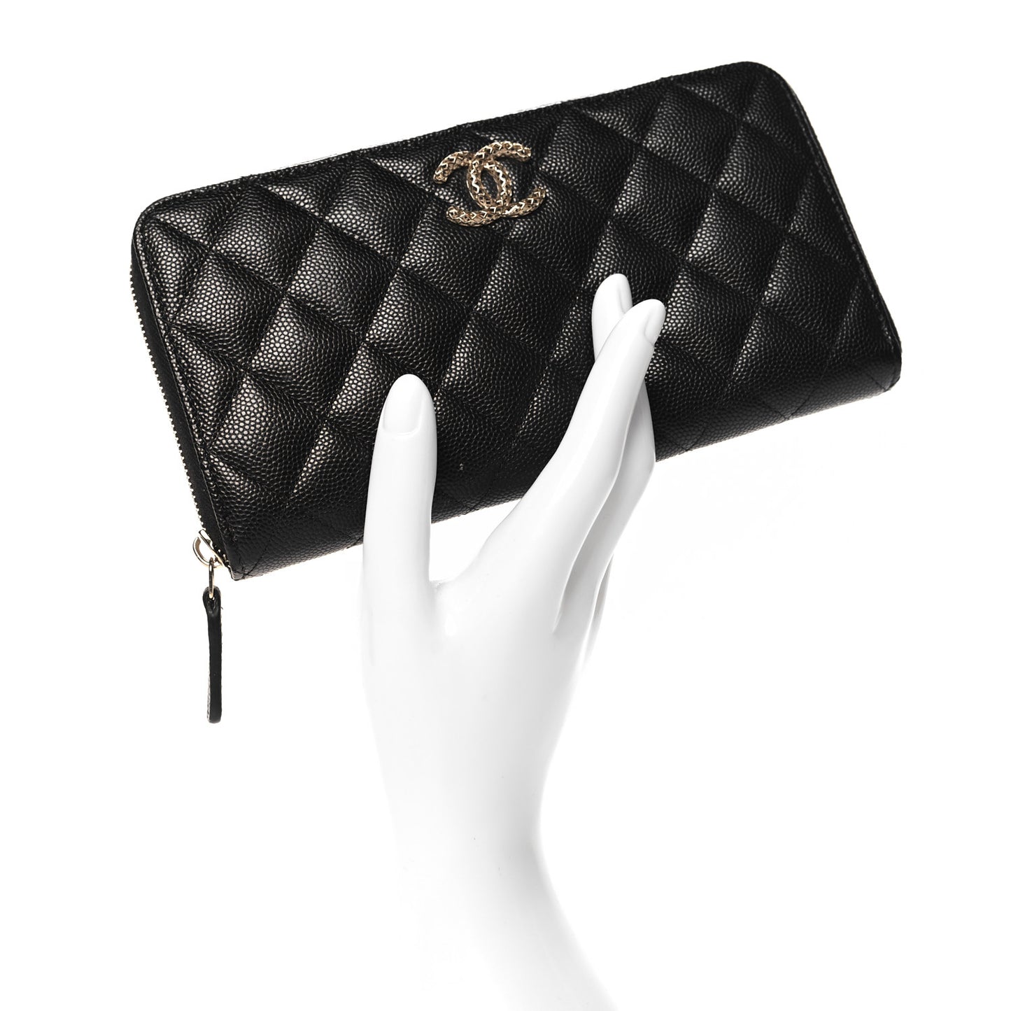Caviar Quilted Perforated CC Long Zipped Wallet Black
