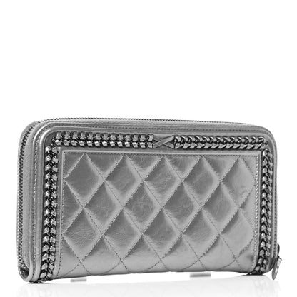 Chanel Metallic Calfskin Quilted Boy Chain Large Gusset Zip Around Wallet Silver 2 of 4