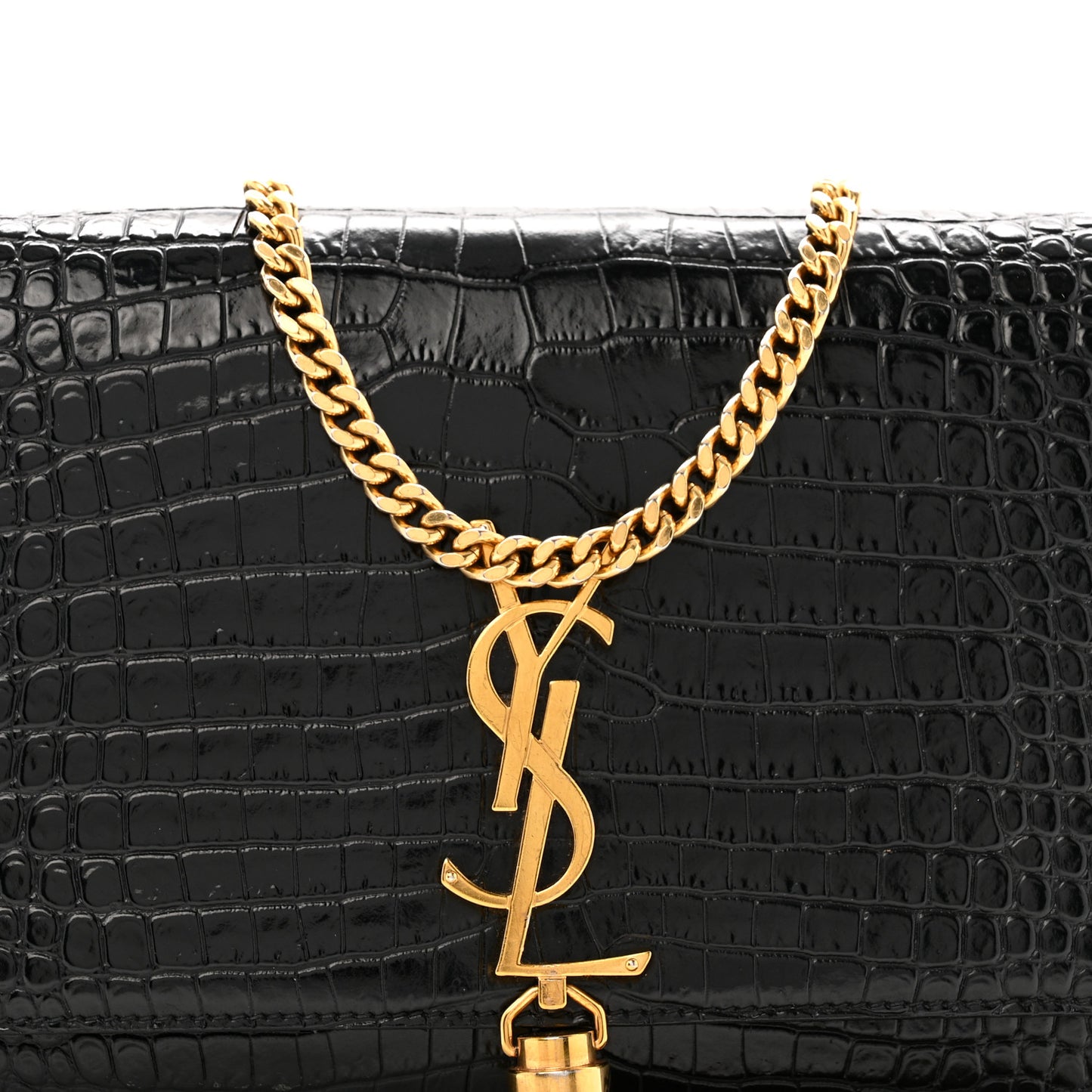 Calfskin Crocodile Embossed Medium Classic Monogram Kate Tassel Satchel Black