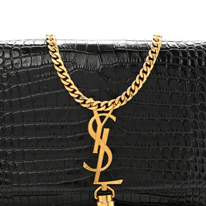 Saint Laurent Calfskin Crocodile Embossed Medium Classic Monogram Kate Tassel Satchel Black 8 of 15