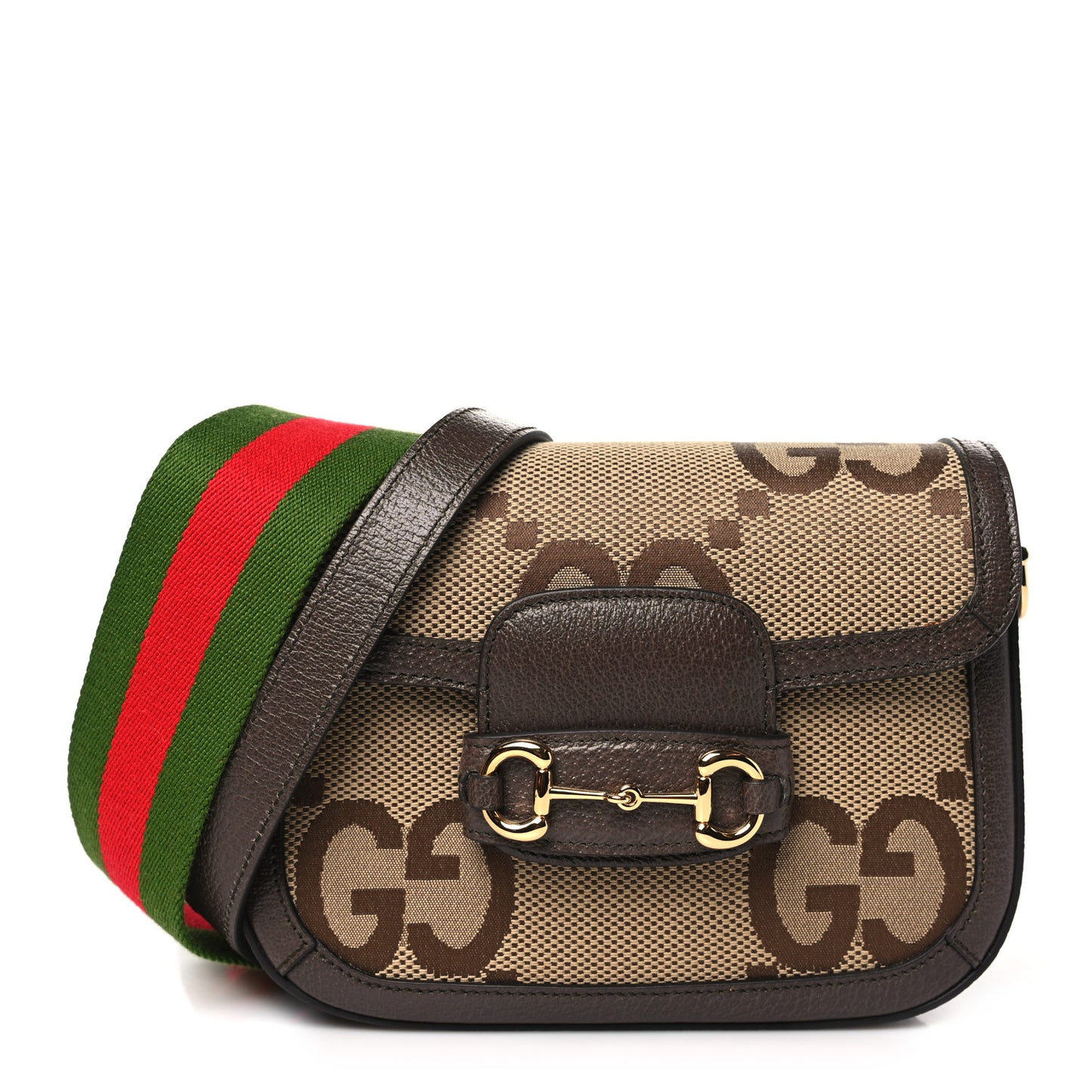 Monogram Jumbo GG Textured Dollar Calfskin Web Mini Horsebit 1955 Shoulder Bag Camel Ebony New Acero