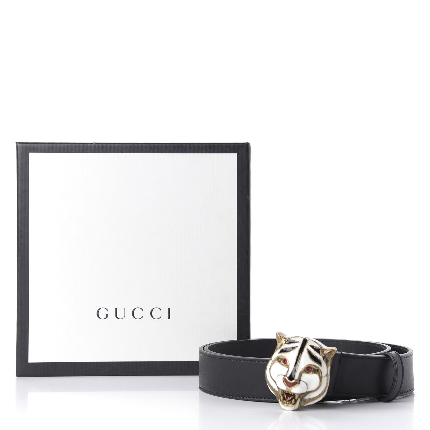 Gucci Calfskin Tiger Head Buckle Belt 80 32 Black 4 of 4