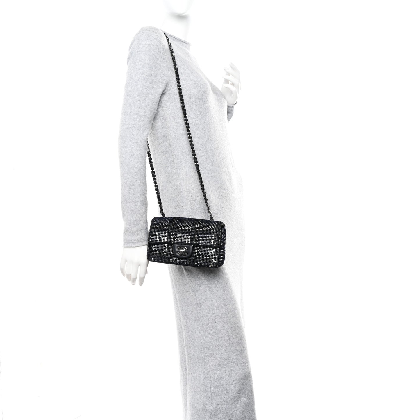 Sequin Mini Rectangular Single Flap Black Silver